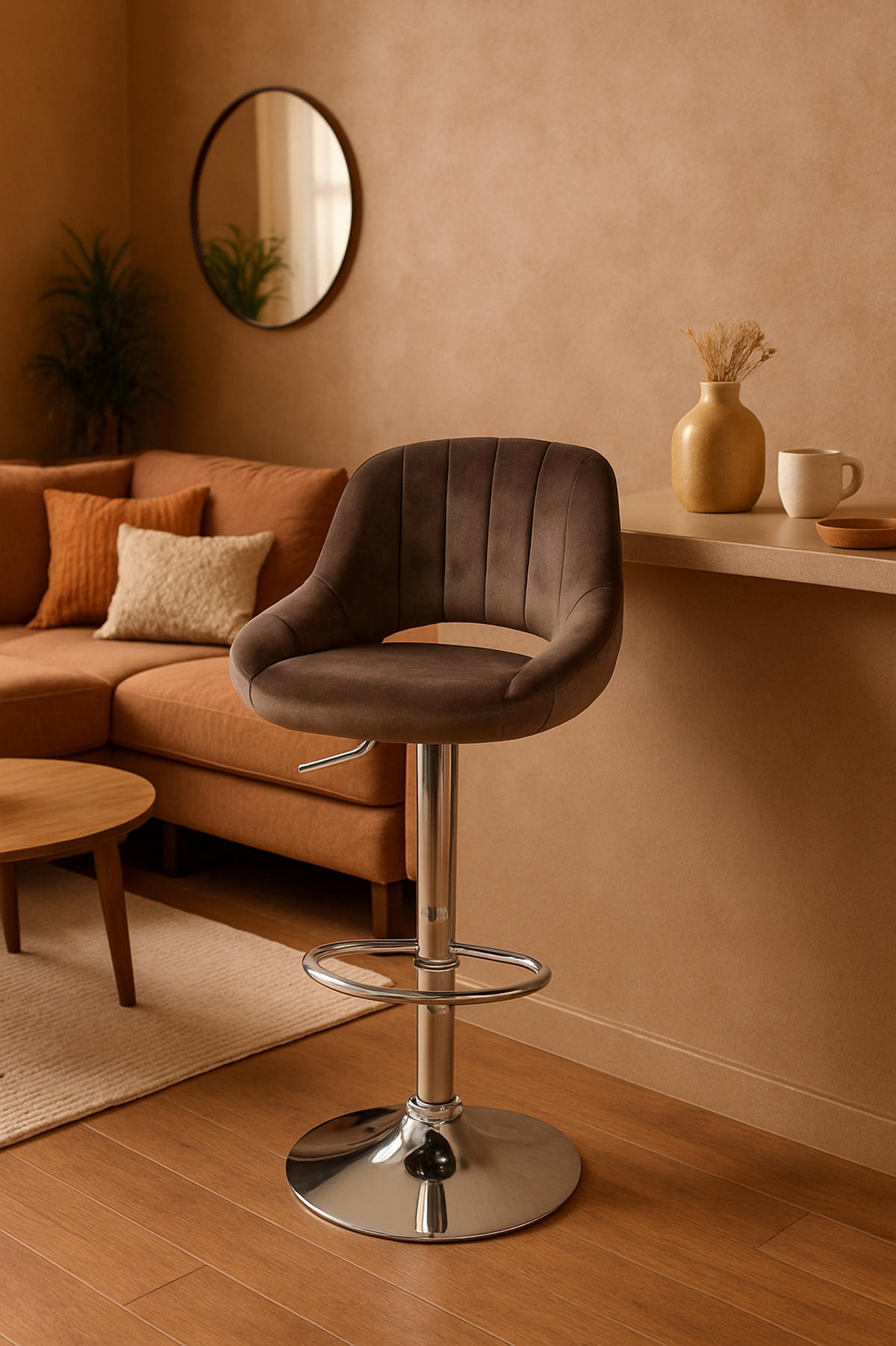 BARHOCKER 2er Set Milos Samt C braun - Chromfarben/Braun, Textil/Metall (47/106/48cm) - TPFLiving