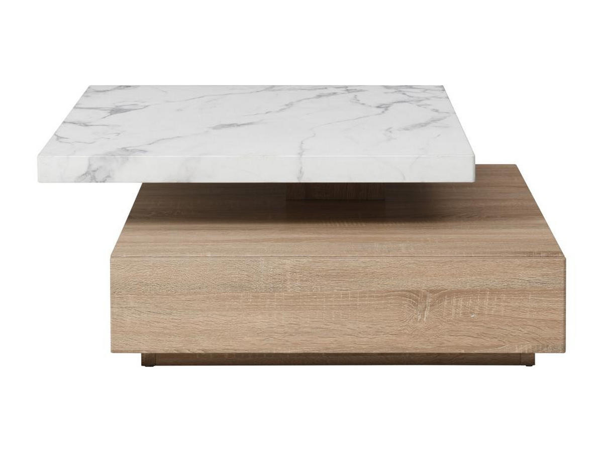 COUCHTISCH drehbar - 1 Schublade - MDF - Marmor-Optik Weiß & Holzfarben - KYRIA - Naturfarben, Holz (80/80/36cm) - Vente-Unique