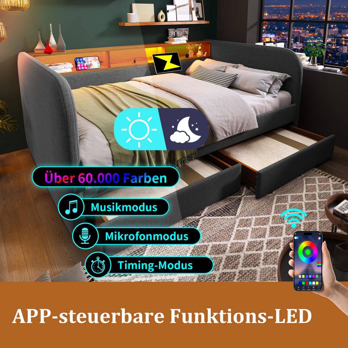 POLNJENA postelja iz lanu 140x190 cm siva z LED osvetlitvijo, USB in Type-C polnjenjem ter 2 predaloma - siva, tekstil (140/190cm) - Modfu