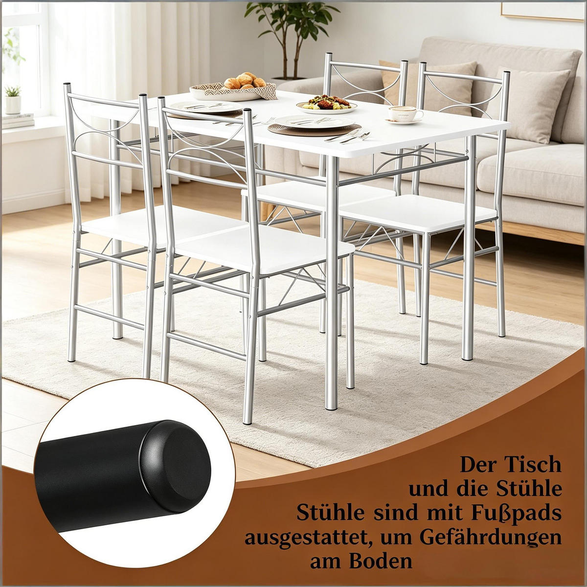 ESSGRUPPE DE-39312 110/70 cm Tisch mit 4 Stühlen Silber - Silberfarben, Metall (110/76/70cm) - ComfortXL