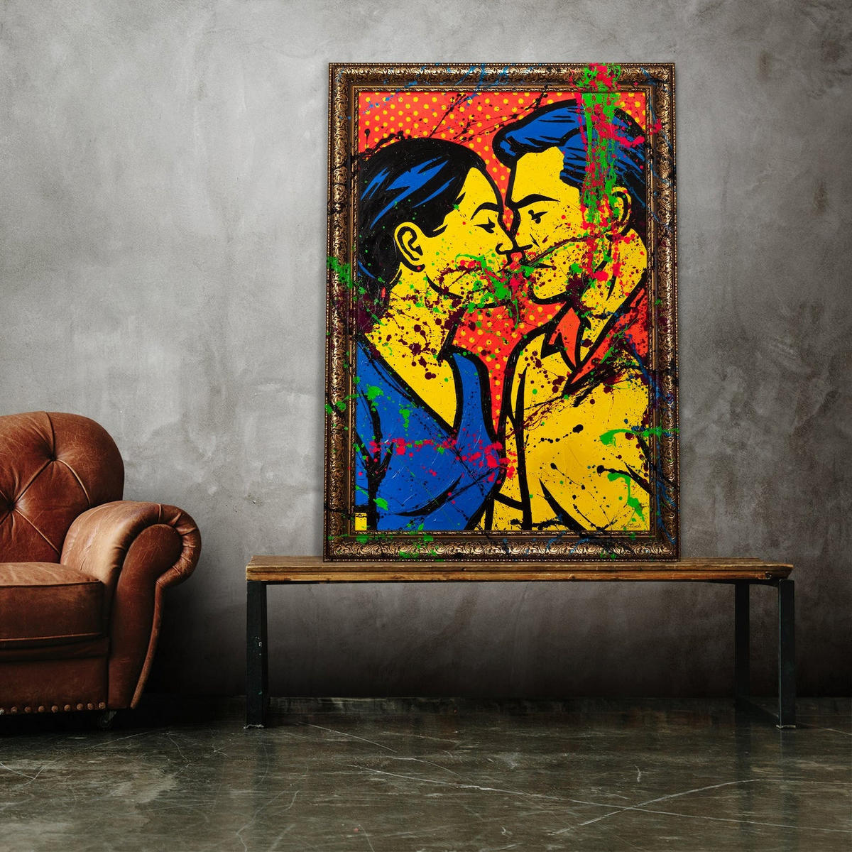 GEMÄLDE Farbiger Kuss Schattenfugenrahmen Gold 120x80 cm - Goldfarben, Holz (120/80cm) - YS-art gallery