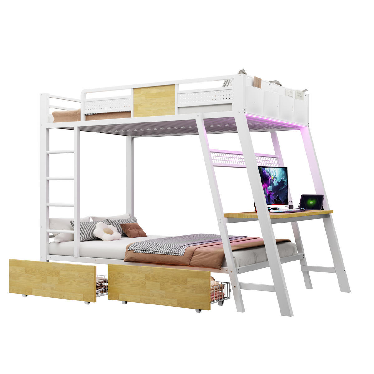ETAGENBETT 90/200 cm DE-32591 Gaming-Design mit LED Weiß - Weiß, Metall (90/200cm) - ComfortXL