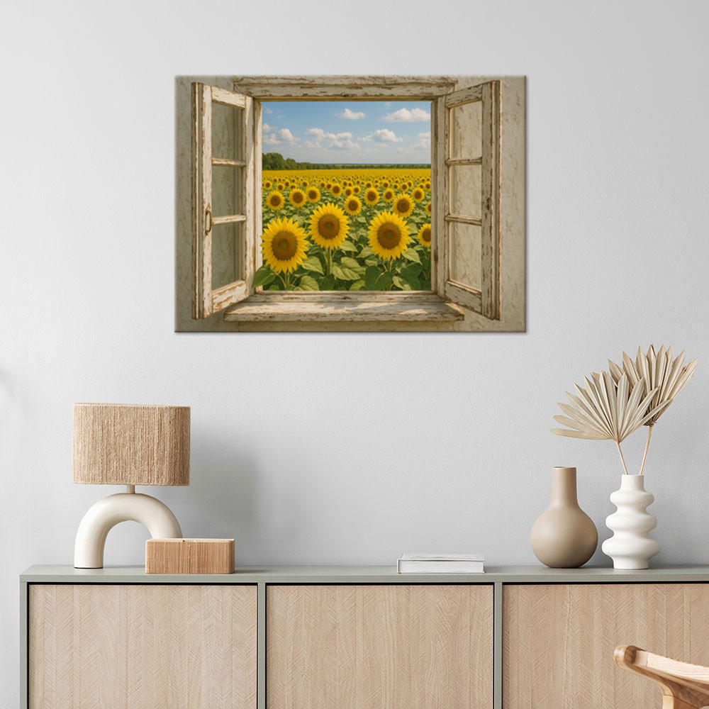 LEINWANDBILD Blick aus dem Fenster Sonnenblumenfeld Shabby Chic 120x80cm - Beige, Textil (120/80cm) - Feeby