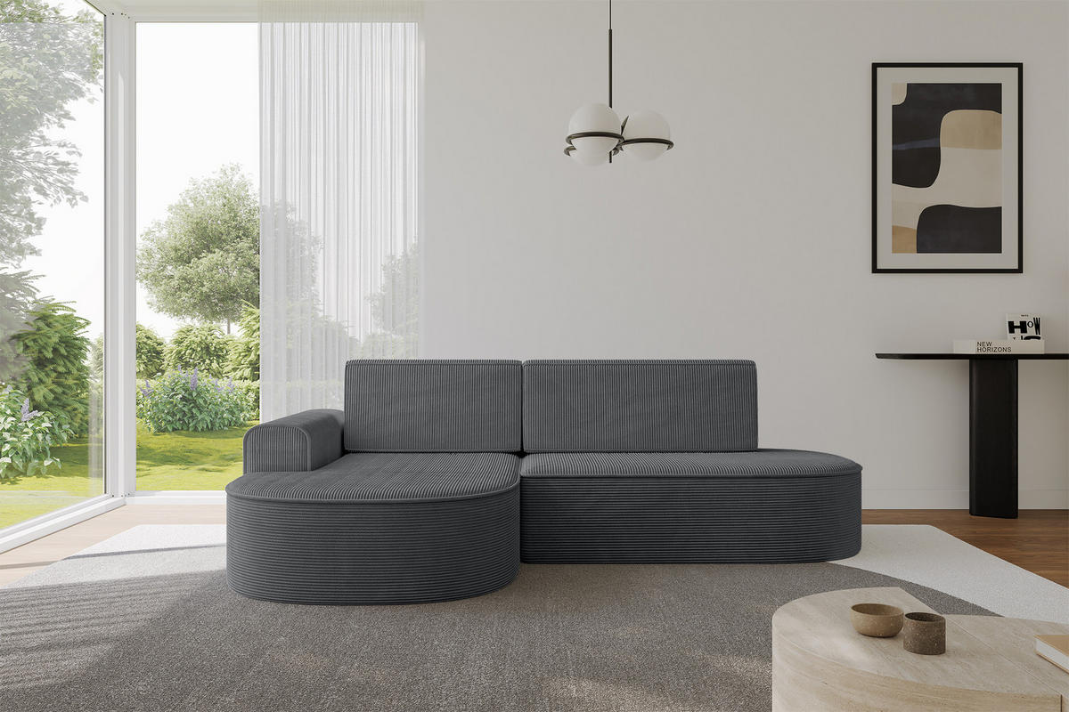 ECKSOFA mit Schlaffunktion und Bettkasten Ottomane Links MARI-L1-S - 283x167x85 cm Dunkelgrau Cord - Alufarben/Schwarz, Holzwerkstoff/Kunststoff (283/167cm) - ALTDECOR