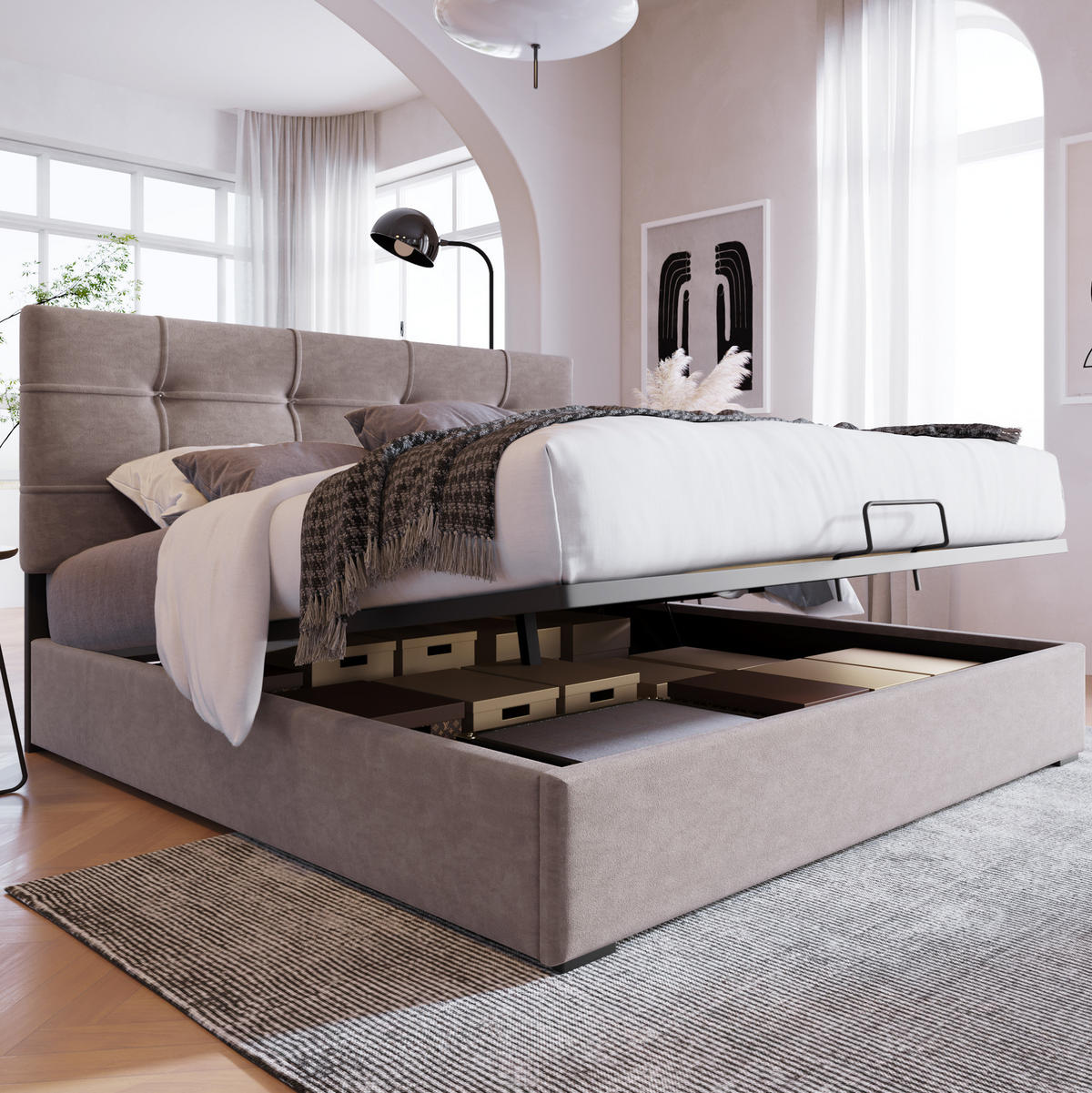 SAMT-POLSTERBETT 140/200 cm mit Bettkasten und verstellbarem Kopfteil - Hellgrau, Textil (140/200cm) - BEAOK