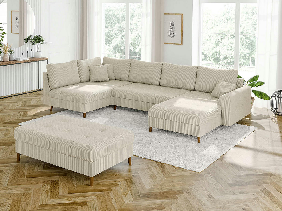 WOHNLANDSCHAFT inkl. Hocker Alma Beige Cord - Beige/Braun, Holz/Textil (310/81/161cm) - S-Style Möbel