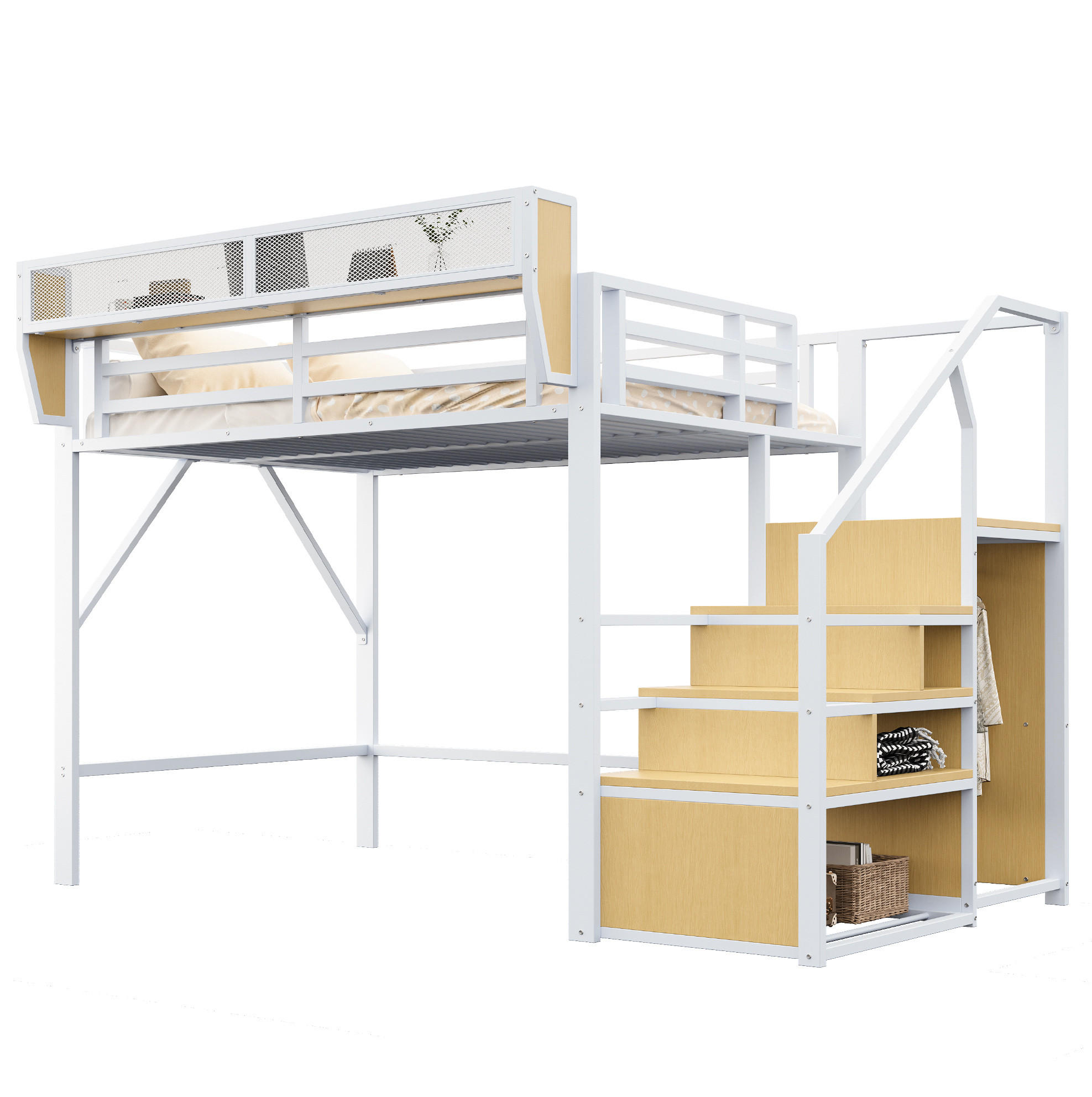 HOCHBETT 140/200 cm aus Metall und MDF mit Sicherheitsleiter und flexiblem Regal Weiß - Weiß, Metall (140/200cm) - Modenvie