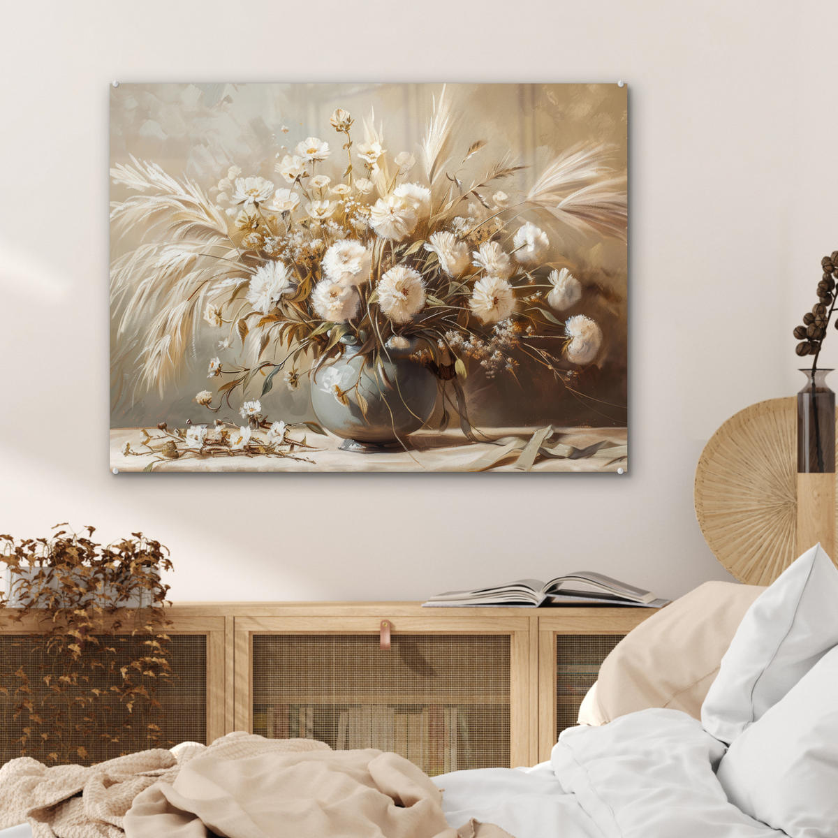 ACRYLGLASBILD Blumen - Vase - Stilleben - Beige 80x60 cm - Creme, Glas (80/60cm) - MuchoWow