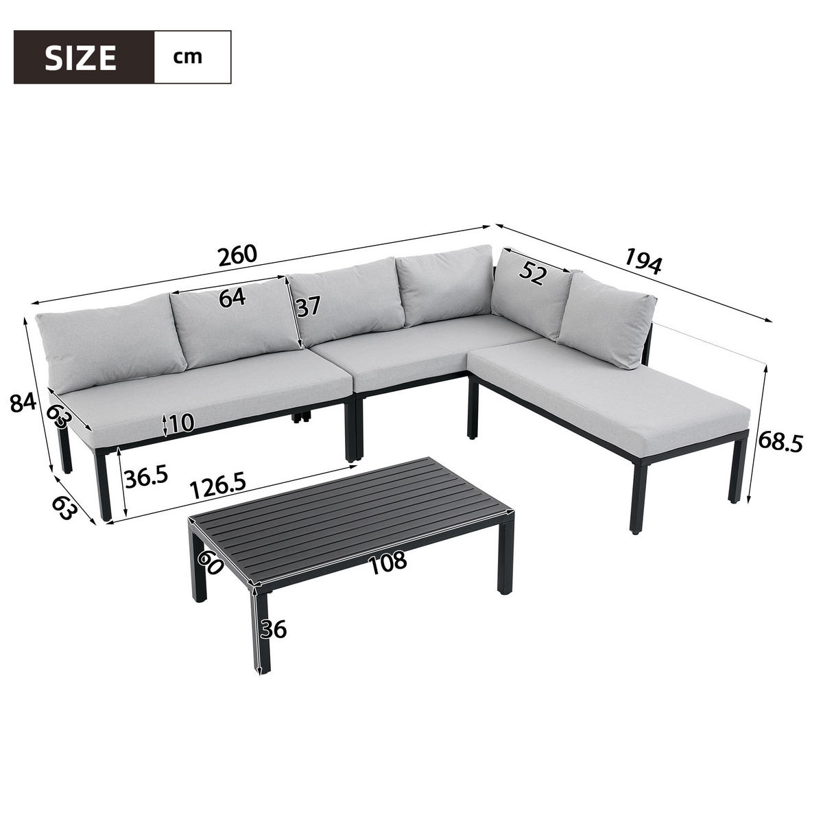 GARTEN-LOUNGE-SET für 6 Personen mit modularem Design, abnehmbaren Rückenlehnen und Couchtisch, Grau - Grau, Metall - Redom