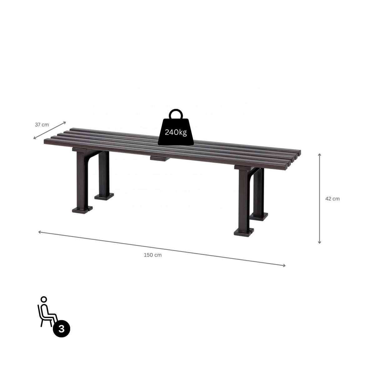 GARTENBANK Kuba 3 Sitzer Braun 42 x 150 x 37 cm Witterungskunststoff & UV Beständiger Kunststoff - Braun, Kunststoff (150/42/37cm) - PROREGAL