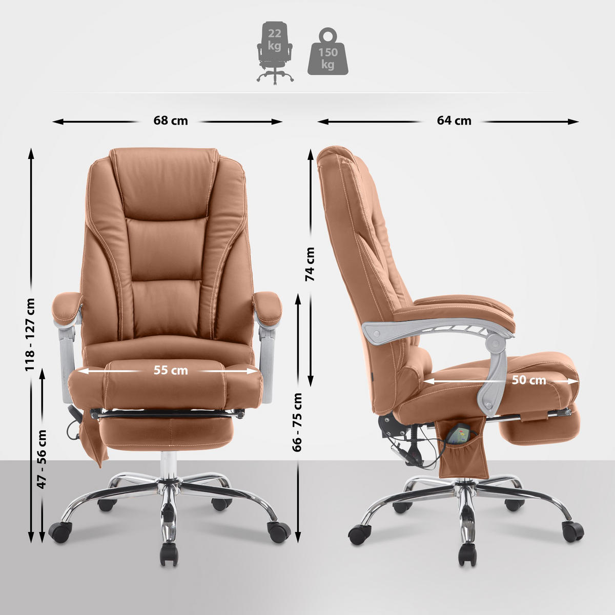 BÜROSTUHL Pacira mit Massagefunktion V2 Kunstleder hellbraun - Hellbraun/Chromfarben, Textil/Metall (68/127/64cm) - TPFLiving