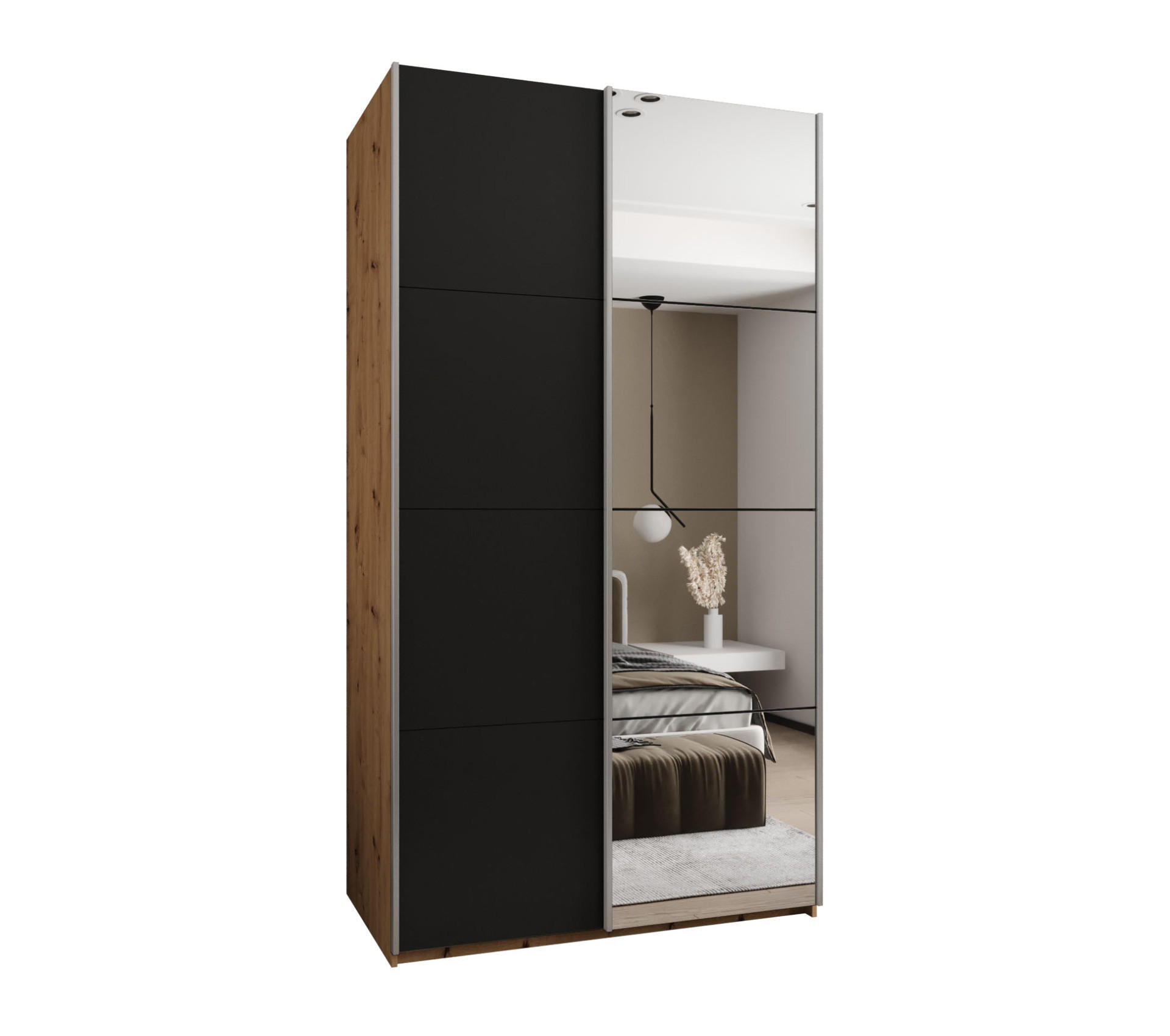 Abiks Möbel Schwebetürenschrank Eiche Artisan, Schwarz, Silber 140x245x64 cm