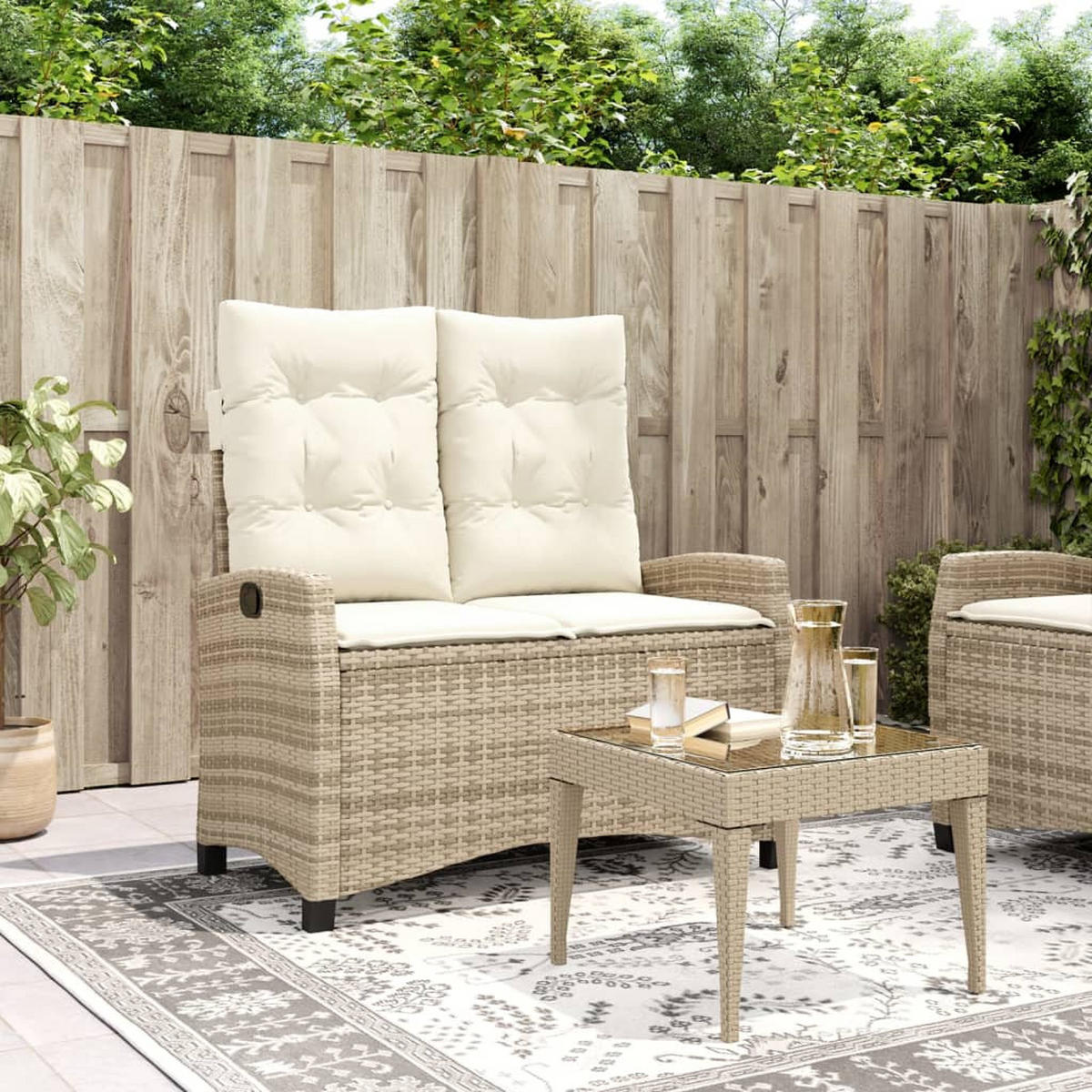 GARTENBANK Verstellbar mit Kissen Beige Poly Rattan - Beige, Kunststoff (105/93/66cm) - furnicato