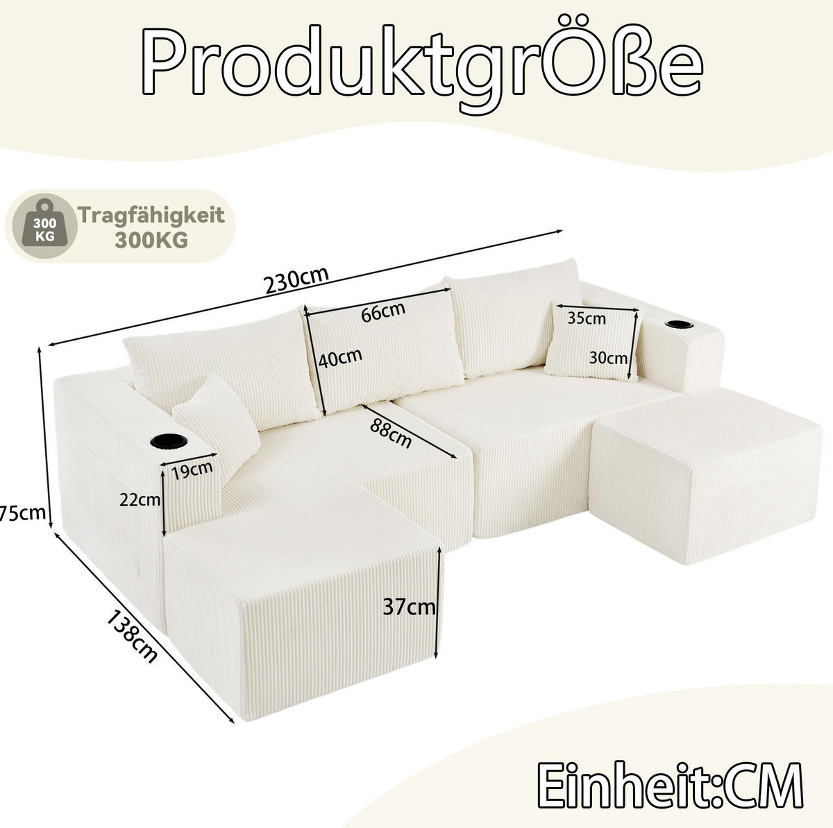 SOFA modulares Ecksofa 3-Sitzer Cord Beige mit 2 Ottomanen - Beige, Kunststoff (230/75/138cm) - IVMEU