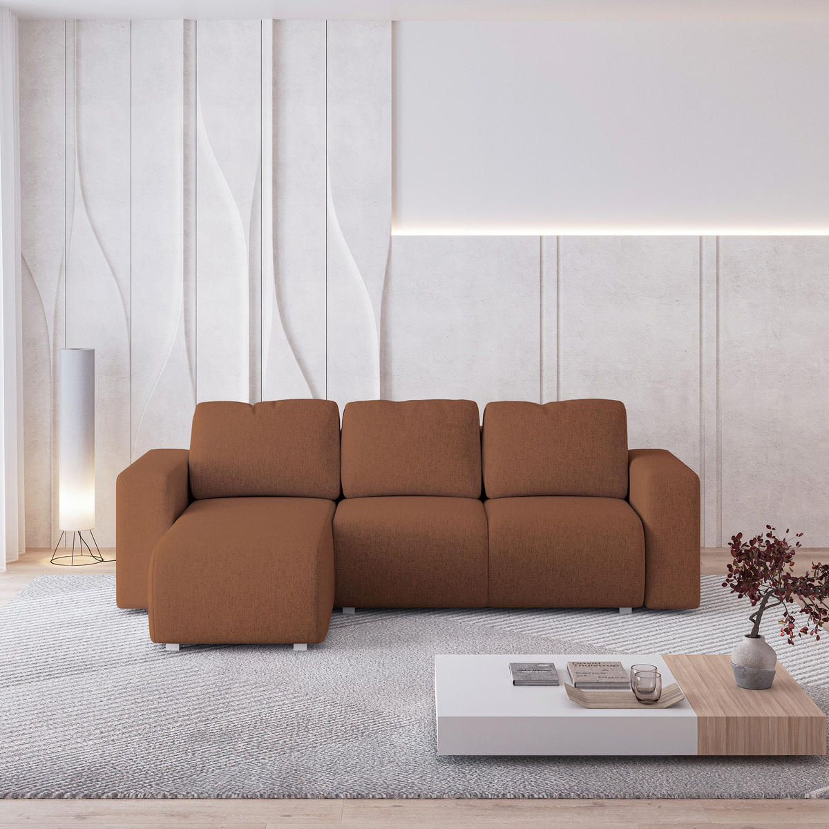 ECKSOFA RINOVA Kupferfarben Geflochtener Stoff mit Schlaffunktion - Kupferfarben, Holz (250/143cm) - MASSENO