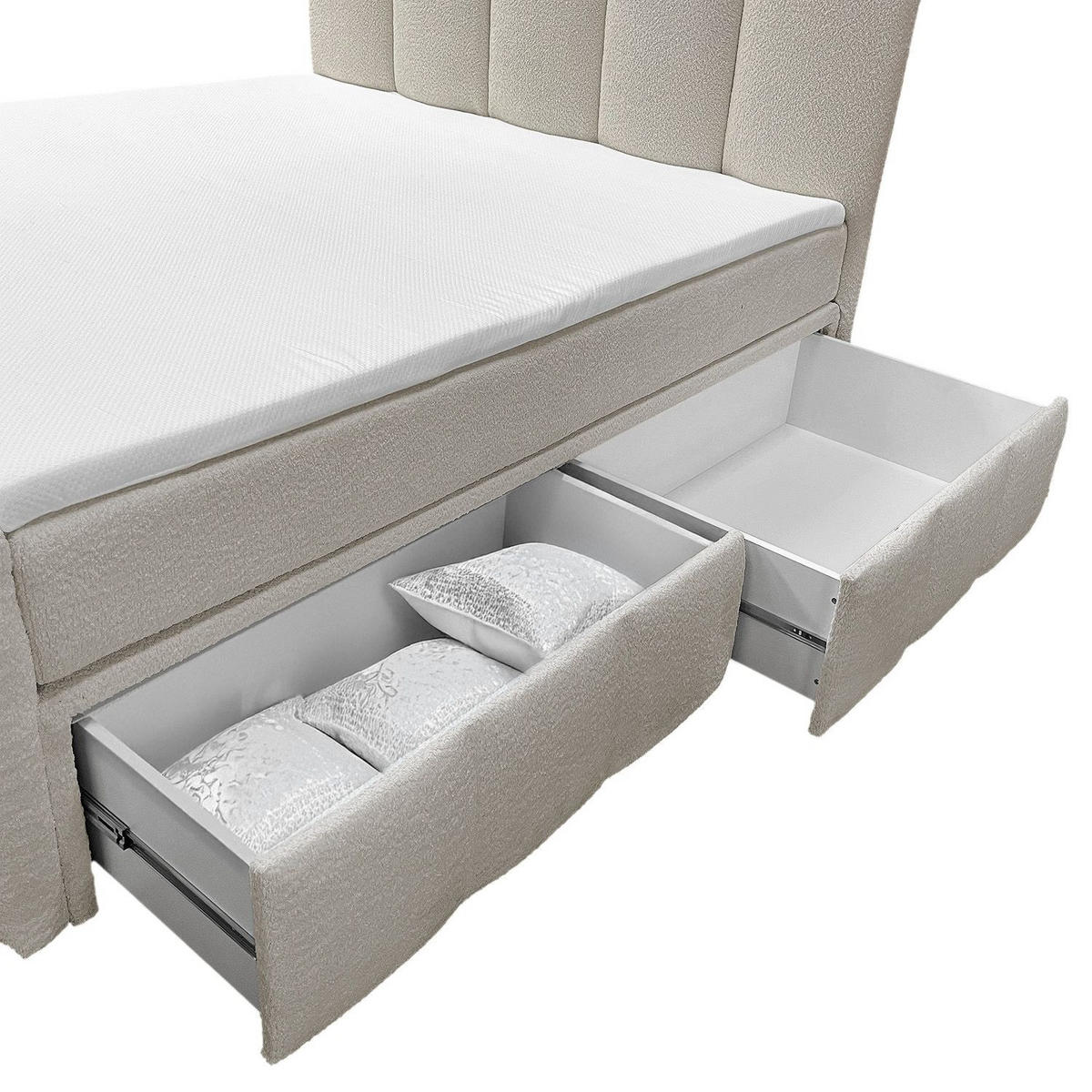 BOXBETT Manitoba 180/200 cm Bouclé Beige mit Bettkasten - Beige, Textil (180/200cm) - Juskys