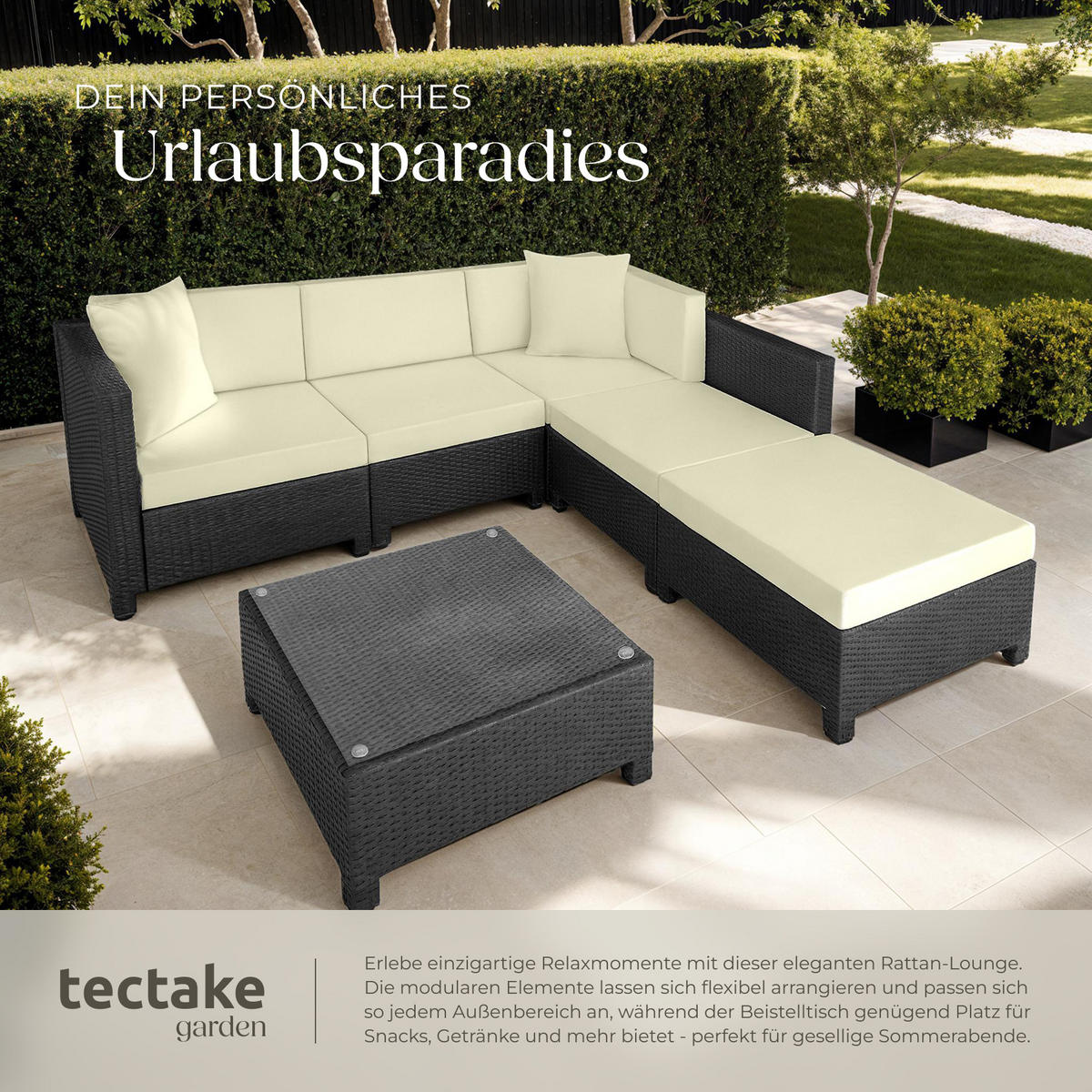 RATTANLOUNGE , mit Sicherheitsglasplatte, schwarz - Schwarz, Kunststoff - tectake