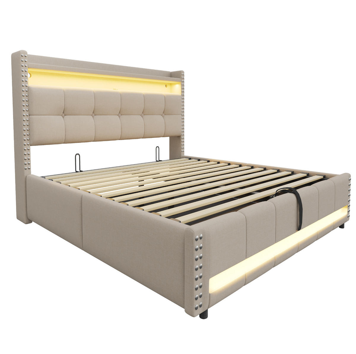 POLSTERBETT mit Stauraum und LED 180x200 cm Beige - Beige, Metall (180/200cm) - Meubliv