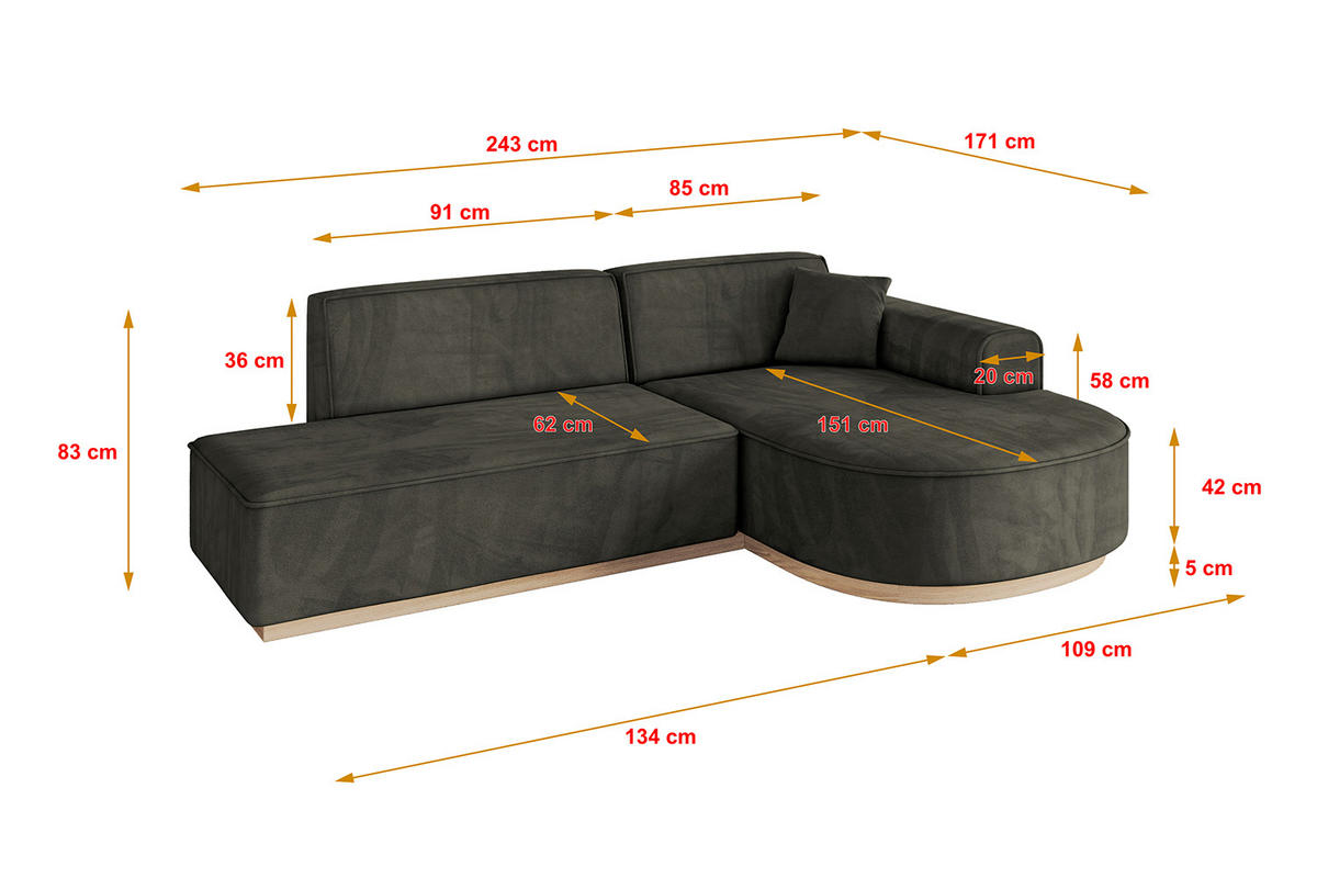 ECKSOFA Ottomane Rechts ARRIO-L1 - 243x171x83 cm Schwarz - Schwarz, Holzwerkstoff/Kunststoff (243/171cm) - ALTDECOR