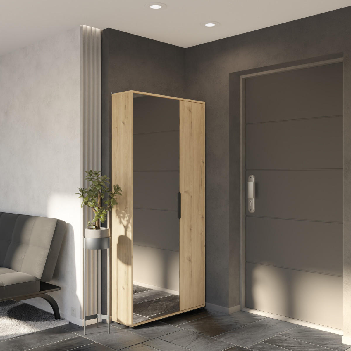 SCHUHSCHRANK 2 türen und 1 spiegel - ebony 82,8/23,9/178,4 cm - Eichefarben, Holzwerkstoff (23.9/178.4/25.7cm) - Calicosy