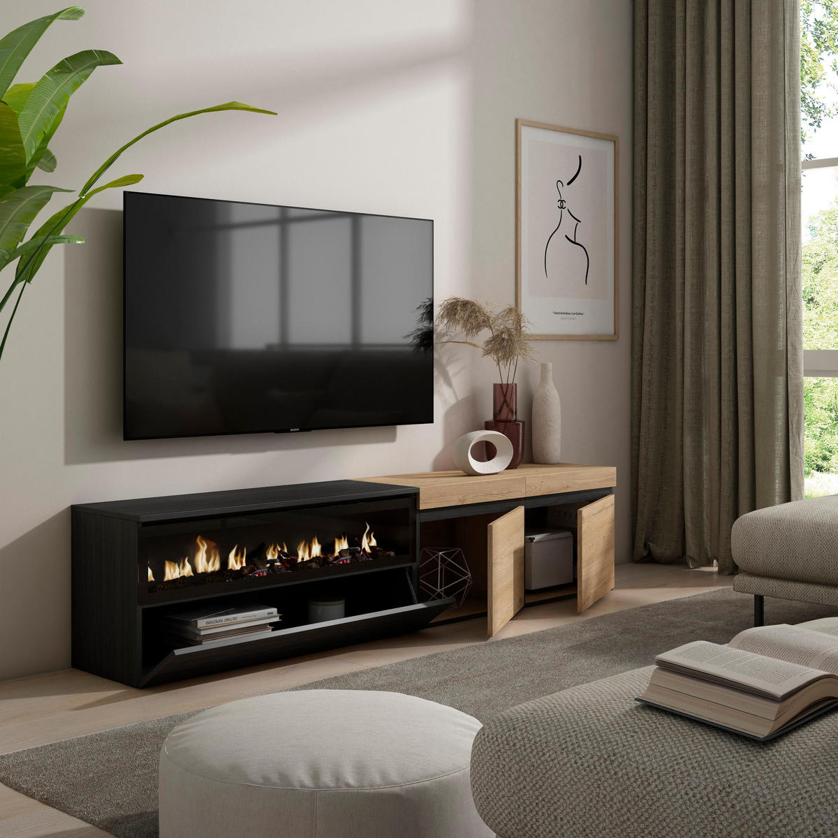 LOWBOARD, mit Elektrokamin, eiche, schwarz, 200/35/45cm - Eichefarben/Schwarz, Holzwerkstoff (200/45/35cm) - Skraut Home