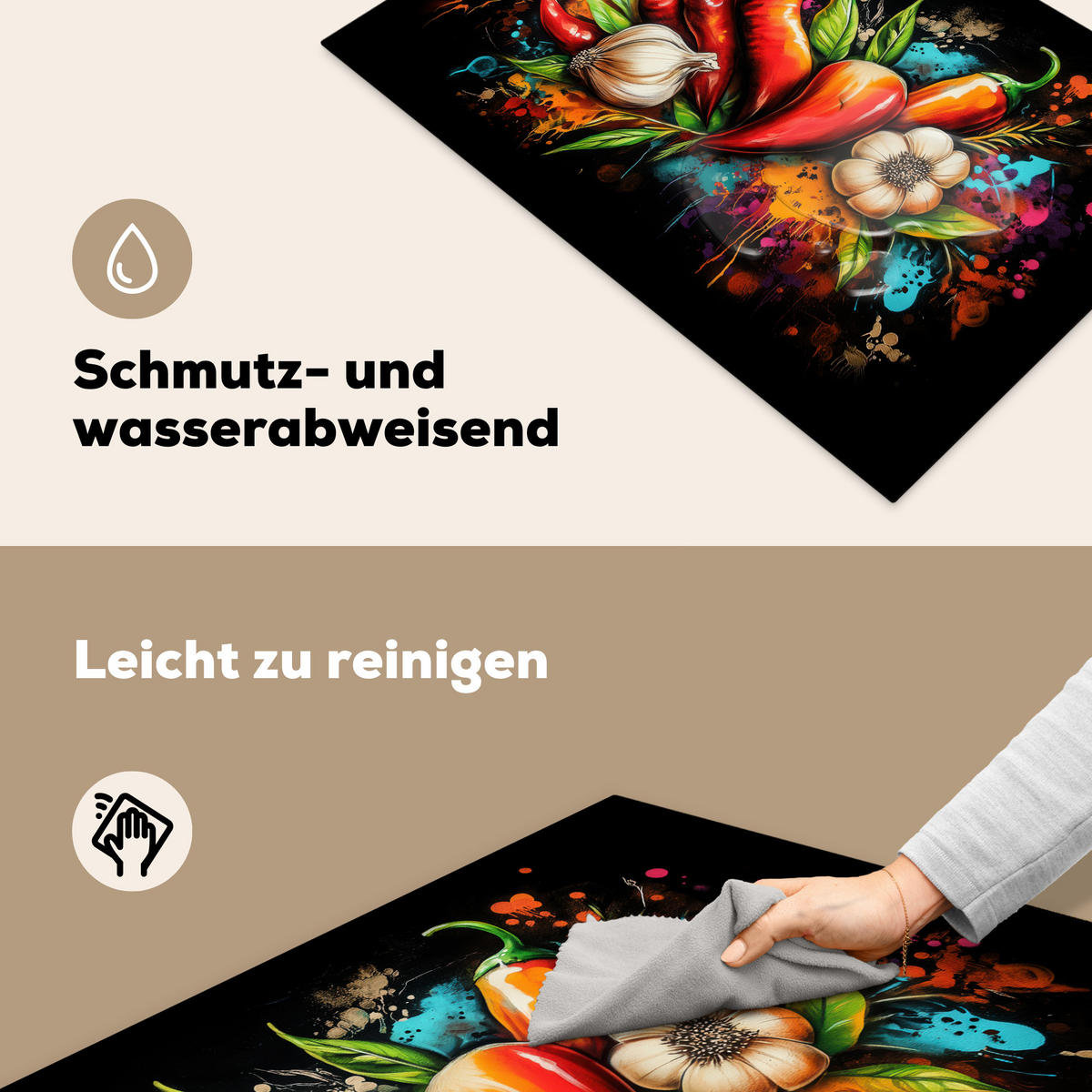 HERDABDECKPLATTE Gemüse - Paprika - Knoblauch - Graffiti - Farbe - Bunt 76x51 cm - Rot, Kunststoff (76/51.5/0.2cm) - MuchoWow