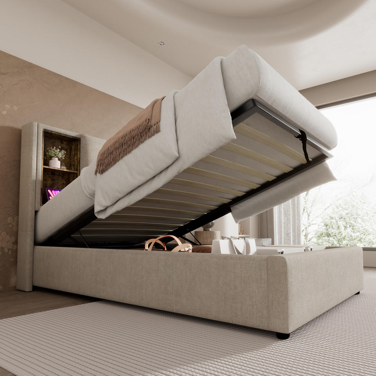 POLSTERBETT 90/200 cm mit hydraulischem Bettkasten & Kopfteil mit Wireless-Charging, USB/Typ-C, Natur - Naturfarben, Textil (90/200cm) - Redom