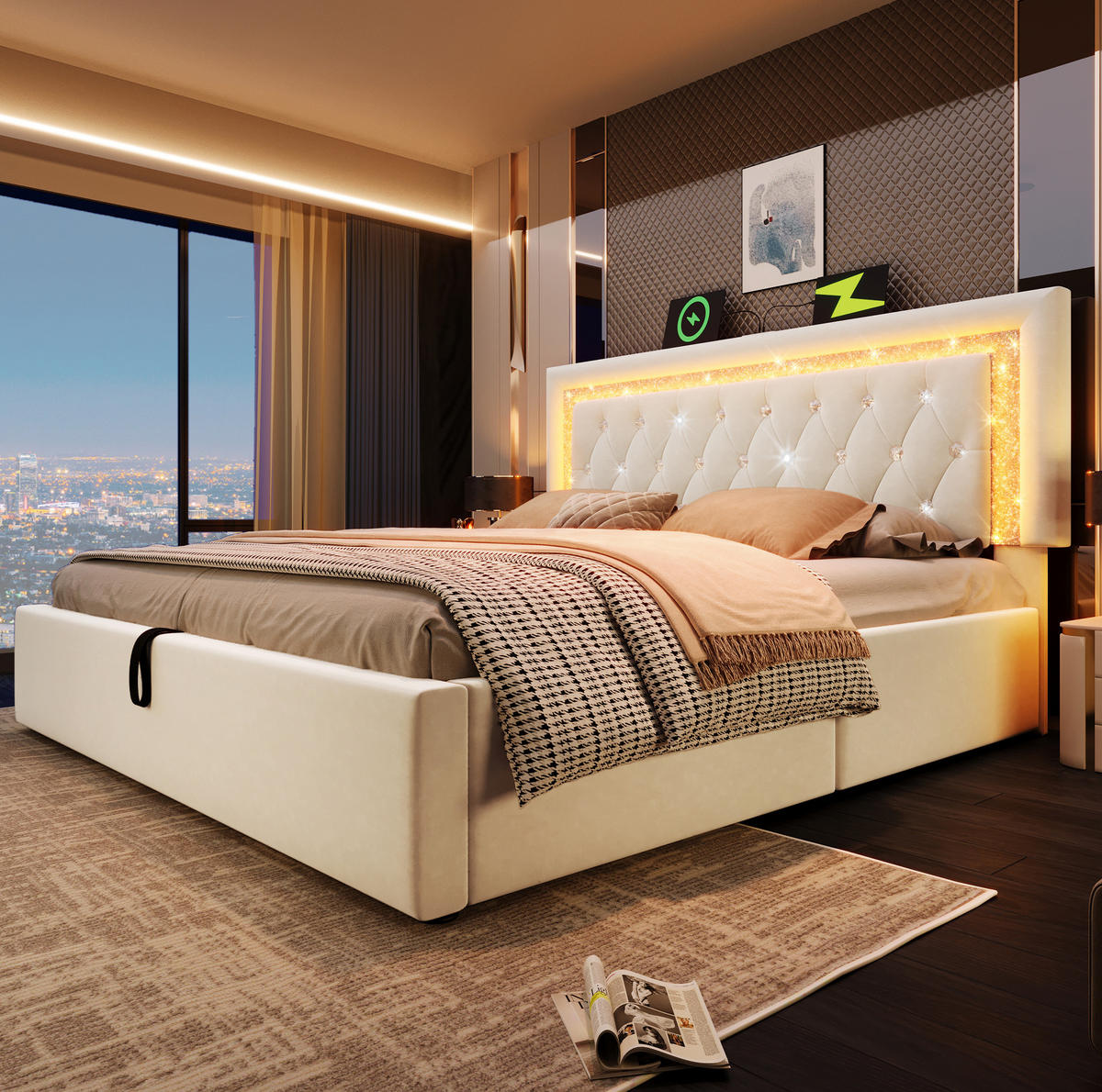 BETT mit LED, Stauraum & USB 160x200 cm Samt Beige inkl. Matratze - Beige, Metall (160/200cm) - Meubliv
