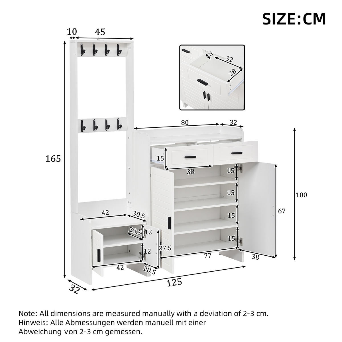 GARDEROBE-SET Schuhschrank 8 Haken 6 Ablagen Weiß - Weiß, Holzwerkstoff (125/165/32cm) - FLIEKS