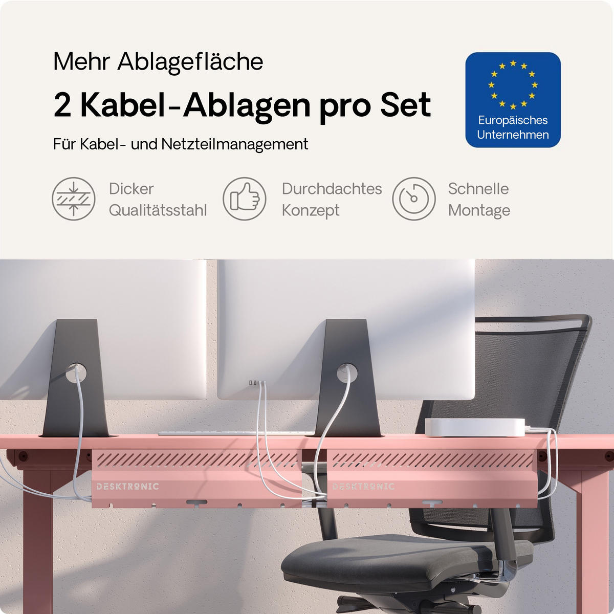 KABELKANAL Schreibtisch Rosa, 2x43cm, Hochwertiger Stahl - Pink, Metall (43/12/10cm) - Desktronic
