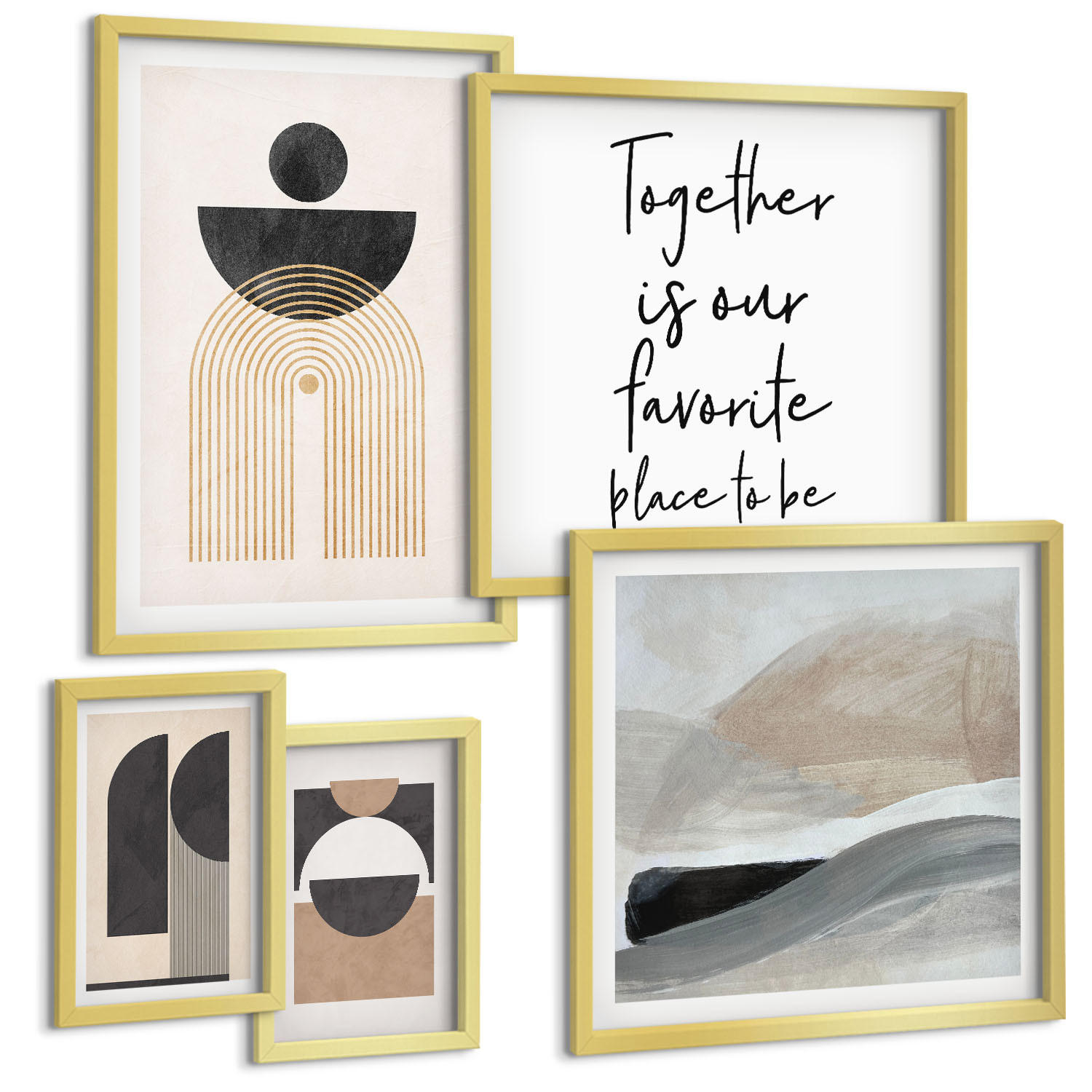 BILDER SET 5er Set - 50x50 cm & 20x30 cm & 40x60 cm Goldrahmen - Abstrakte Formen beige braun - Goldfarben, Kunststoff (40/60cm) - TULUP