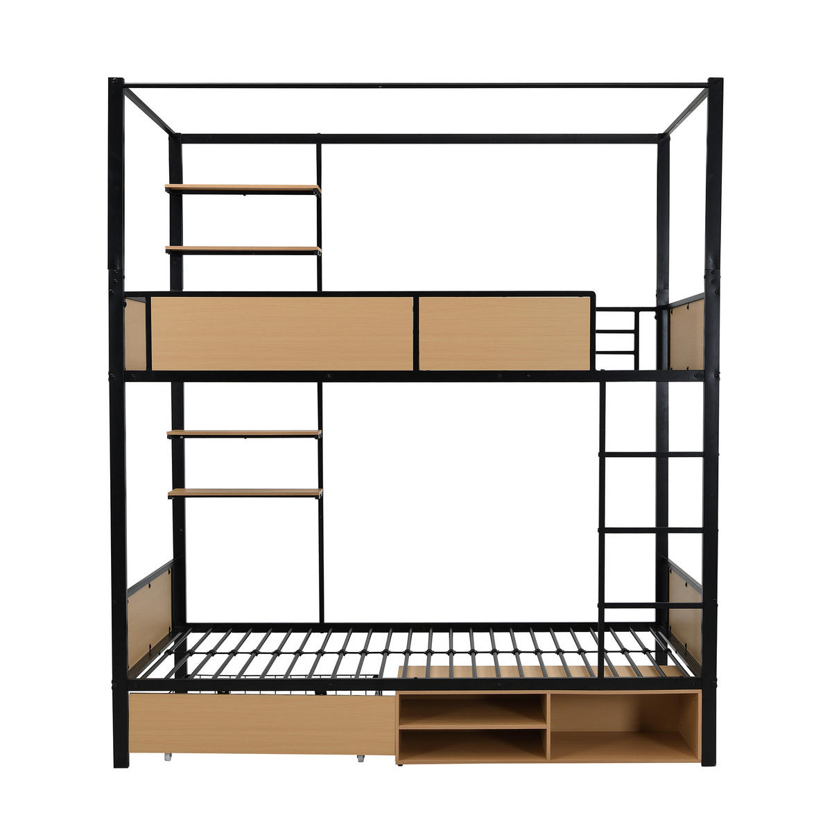 ETAGENBETT 90/200 cm mit Treppe, Ablageflächen und Stauraum aus Metall und MDF, Schwarz/Natur - Schwarz, Holzwerkstoff (90/200cm) - Redom