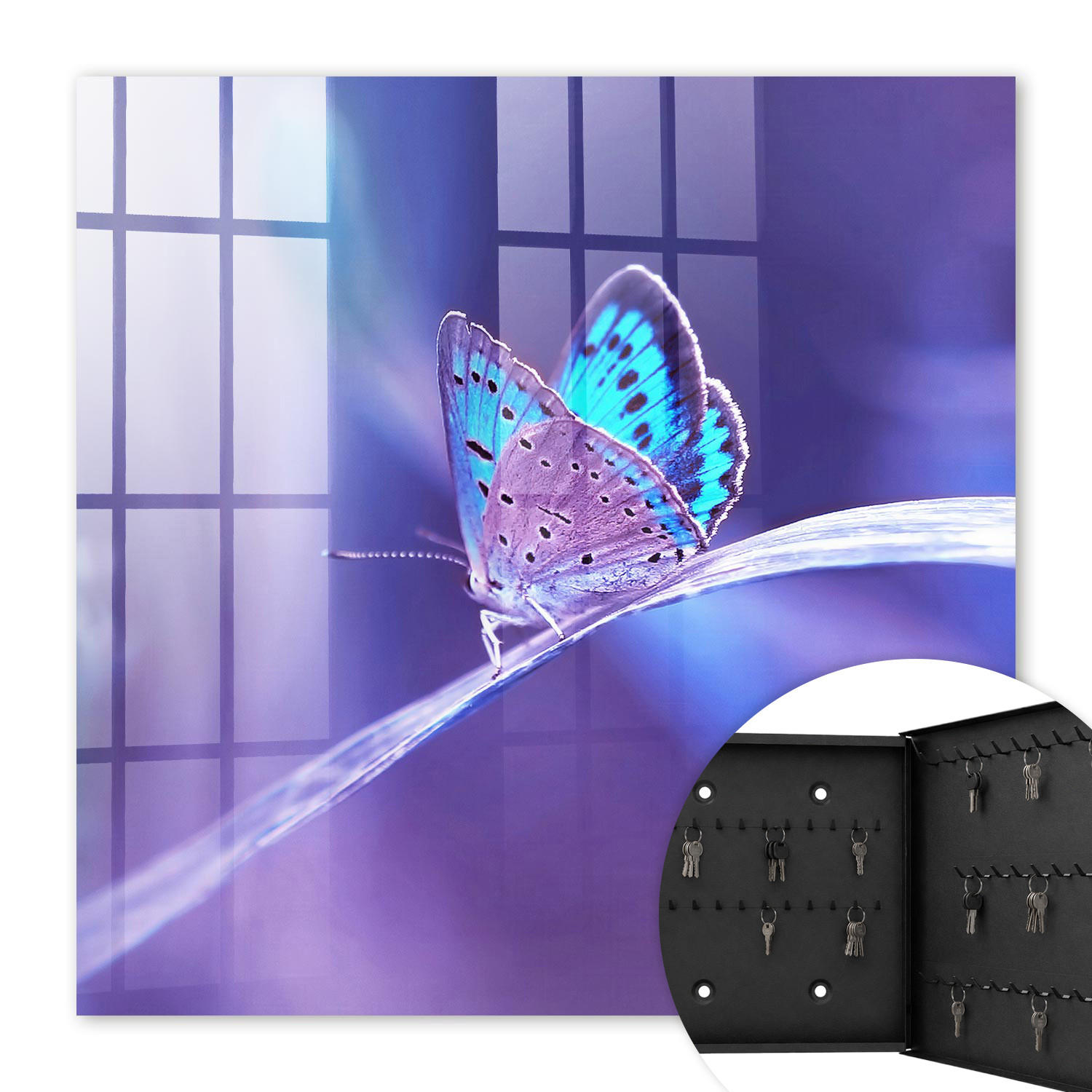 SCHLÜSSELBOX Schwarz 30x30 cm- Türöffnung nach rechts - Bunter Schmetterling - Lila, Metall (30/30/5cm) - TULUP