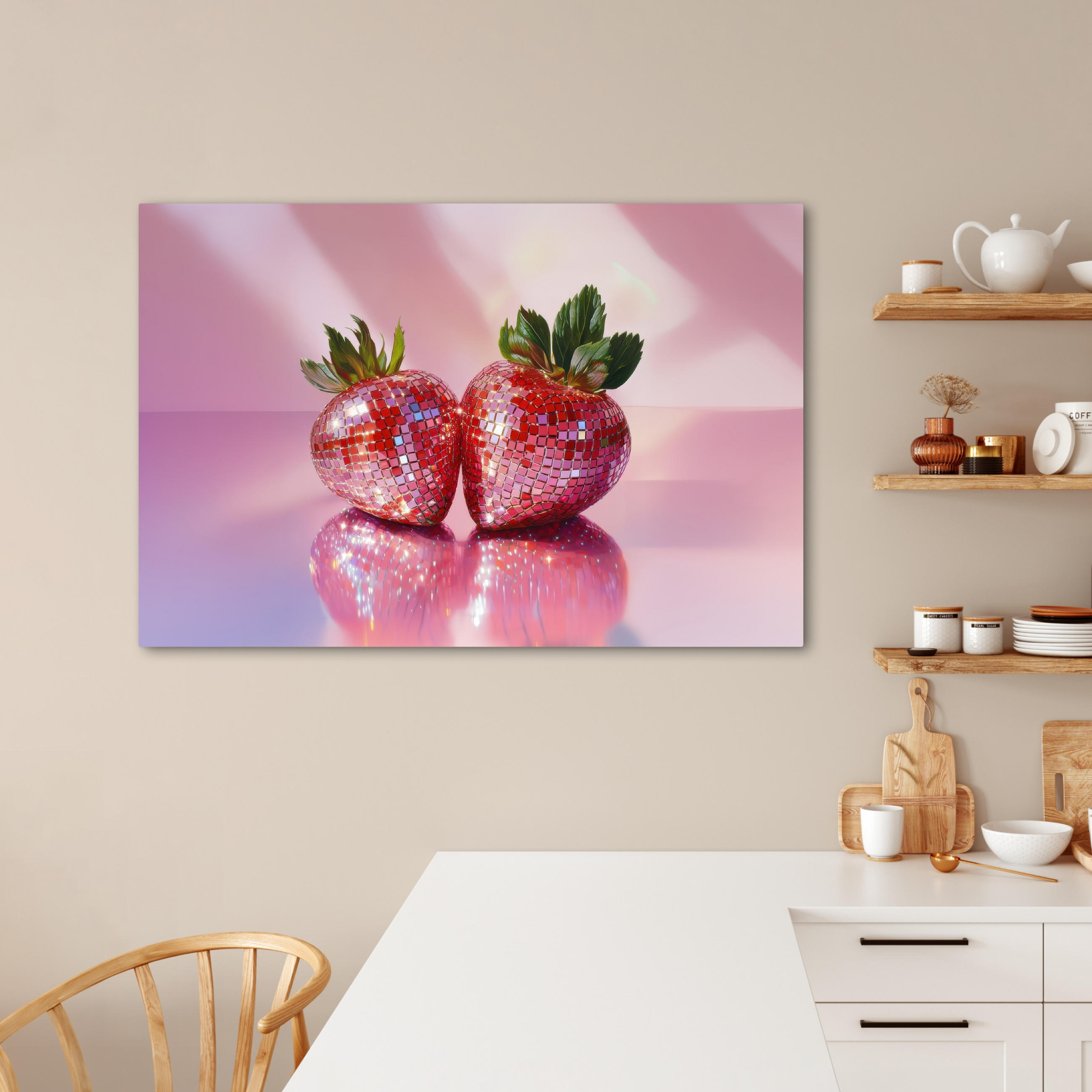 LEINWANDBILD Disco - Obst - Glitzer - Erdbeere Wohnzimmer 120x80 cm - Pink, Textil (120/80cm) - MuchoWow