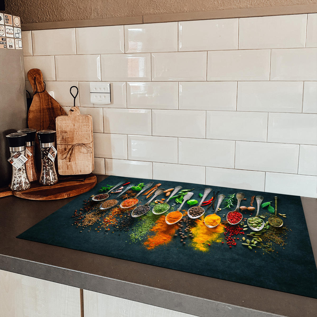 HERDABDECKPLATTE Kräuter - Gewürze - Löffel Ceranfeldabdeckung 78x52 cm - Multicolor, Kunststoff (78/52/0.2cm) - MuchoWow