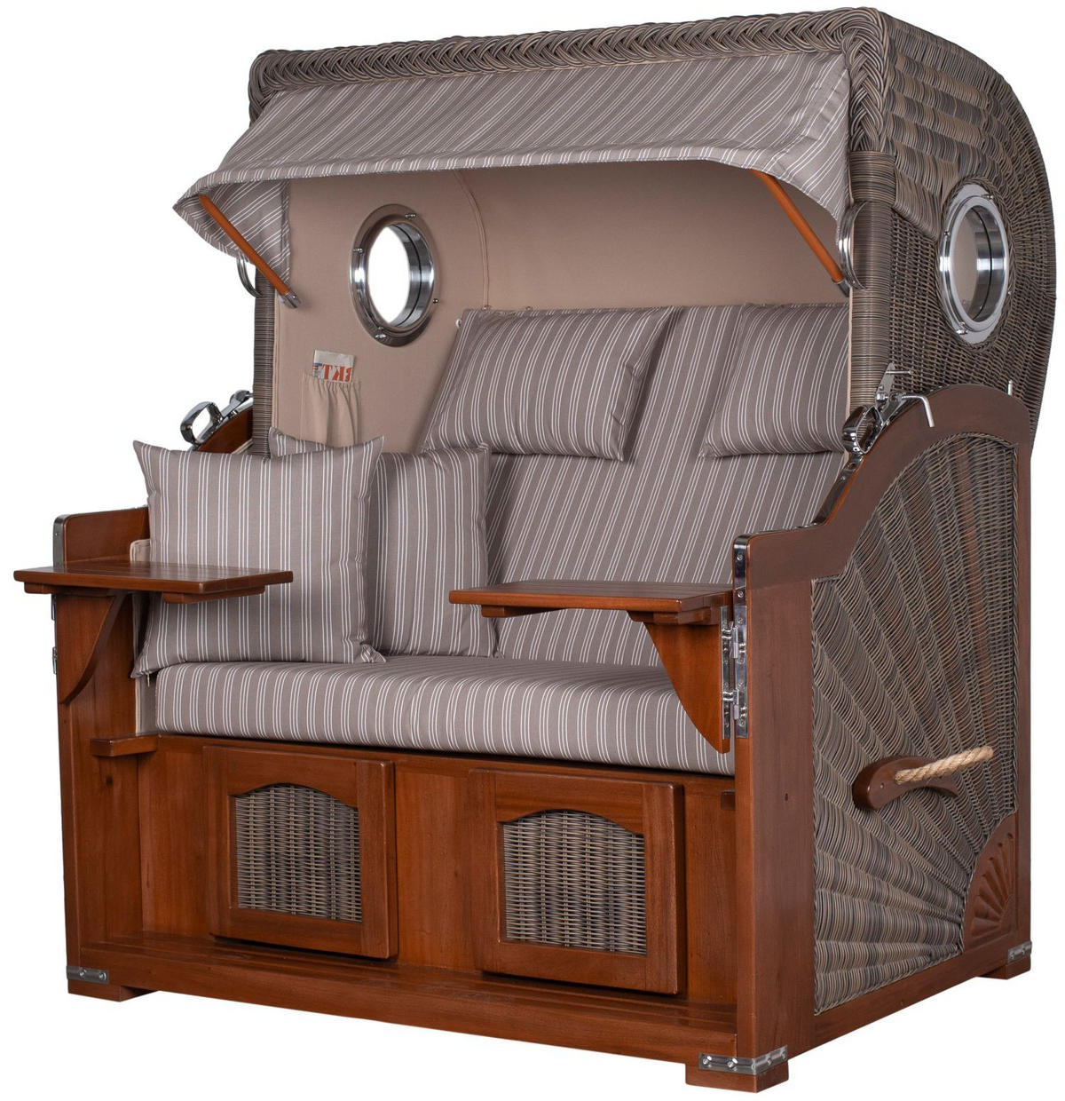 STRANDKORB Komplettset: Ammersee Grande XL Mahagoni Bullauge - PE grau - Modell 501 - Braun/Grau, Holz/Kunststoff (142/165/95cm) - bene living