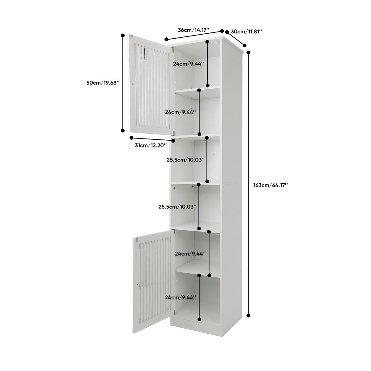 BADEZIMMERSCHRANK Hochschrank Weiß mit Lamellentüren & verstellbaren Böden - Weiß, Holzwerkstoff (36/163/30cm) - Urban Meuble