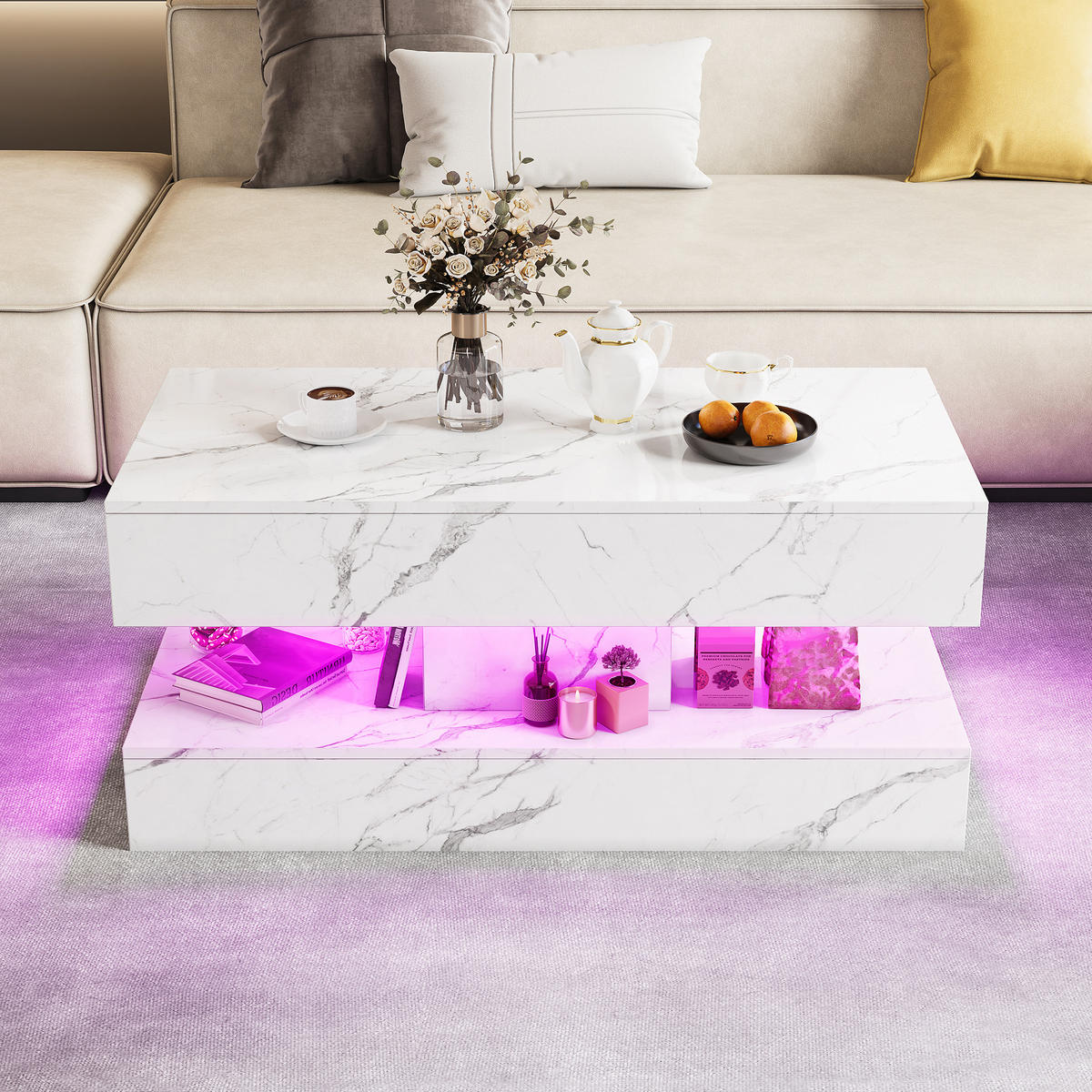 SOFFBORD med LED-belysning, förvaringsutrymme och marmorlook, vitt - Vit, Trä (100/50/45cm) - SHOPENTRA