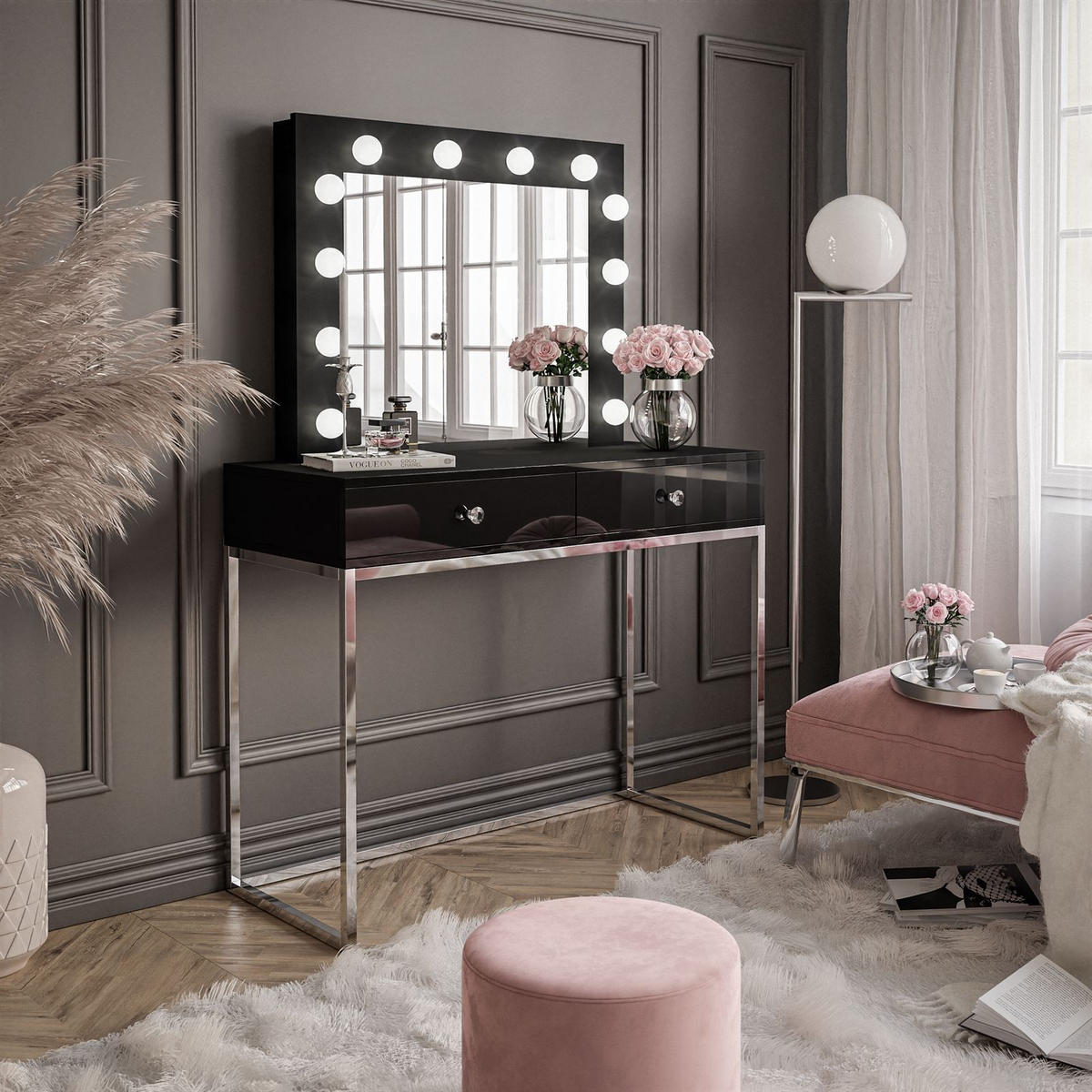 SCHMINKTISCH BLANCO GLAMOUR mit Spiegel und Beleuchtung Schwarz Hochglanz Kristallgriff - Schwarz Hochglanz/Silberfarben, Holzwerkstoff (100/146/42cm) - Lookway