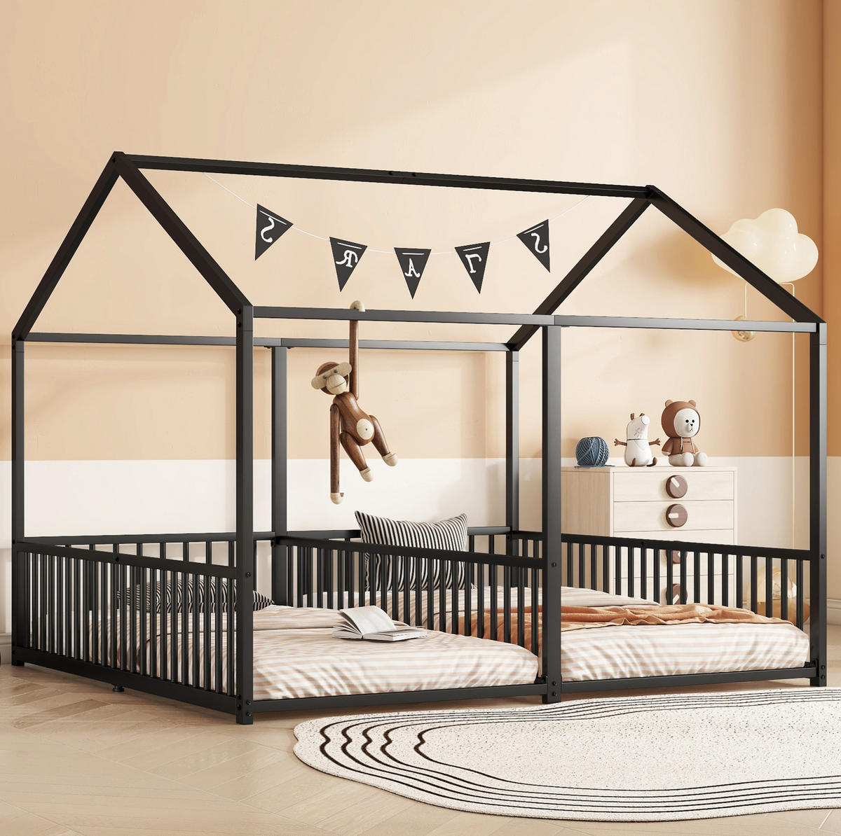 METALLBETT aus Metall 90x200 cm Schwarz mit Sicherheitsgeländer, Leiter und Hausform - Schwarz, Metall (90/200cm) - Modfu