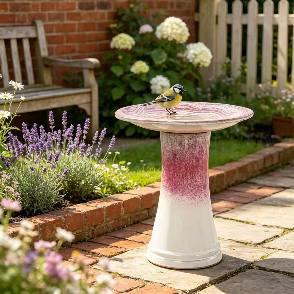 VOGELBAD mit Standfuß, Keramik Ø43/45H cm, Wetterfest, Rosa-Weiß - Pink, Keramik (43/45/43cm) - LVHOM