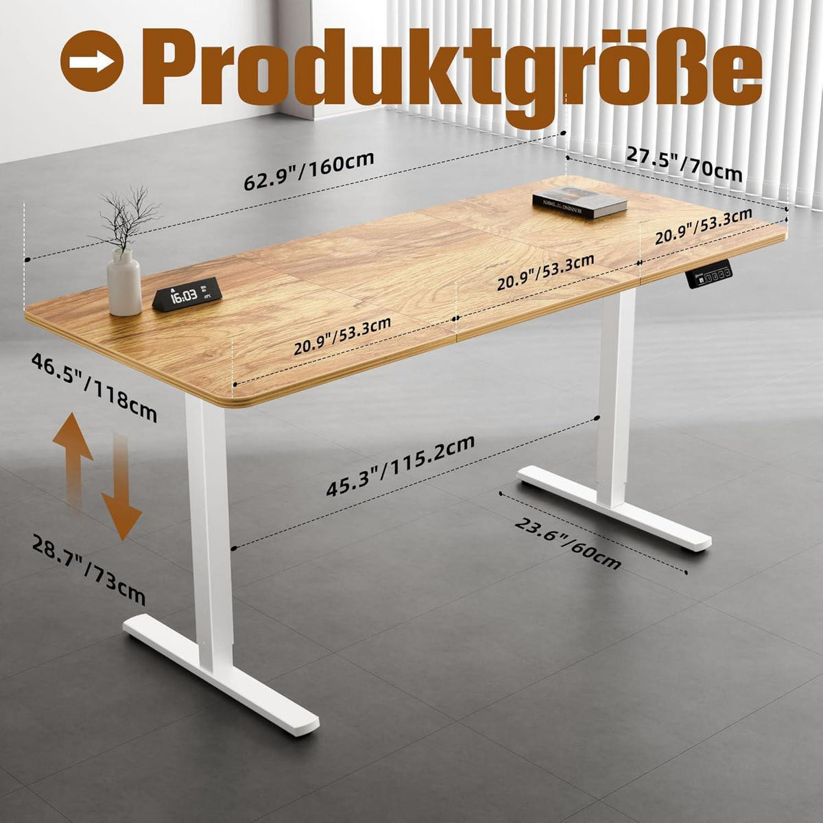 SCHREIBTISCH höhenverstellbar elektrisch 160 x 70 cm Hellbraun - Braun, Holzwerkstoff (70/160/73cm)
