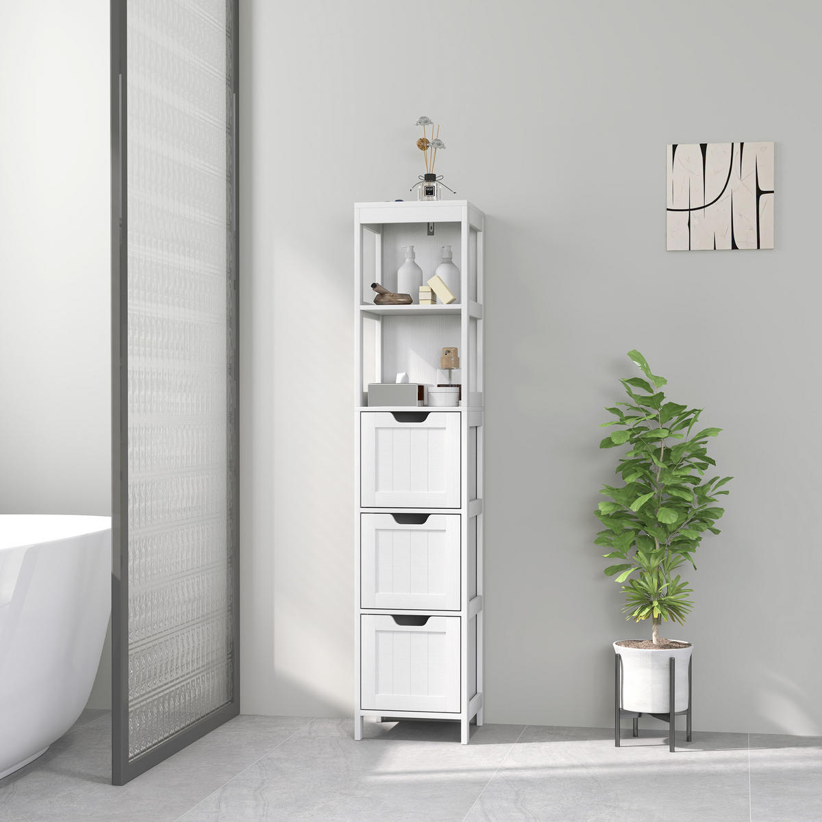 BADEZIMMERSCHRANK Badschrank Bad Hochschrank mit 3 Schubladen, 2 offenen Fächern - Weiß, Holz (30/142.4/30cm) - HOMCOM