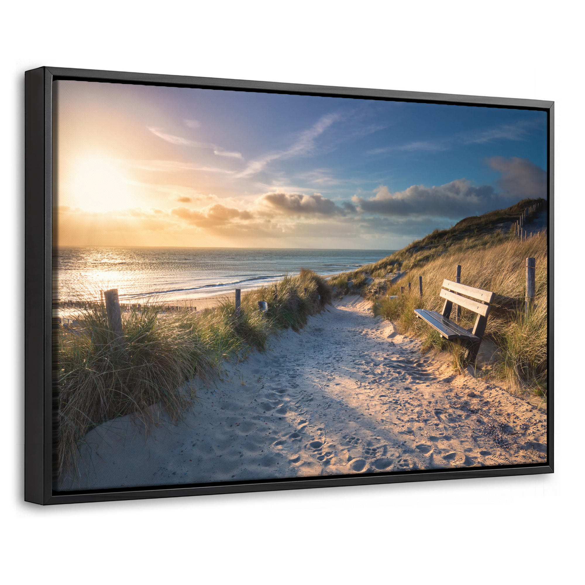 LEINWAND Bilder mit Rahmen - Sonnenuntergang - Strand - Düne - Gras - Ufer - 30x20 - Sandfarben, Textil (30/20cm) - MuchoWow