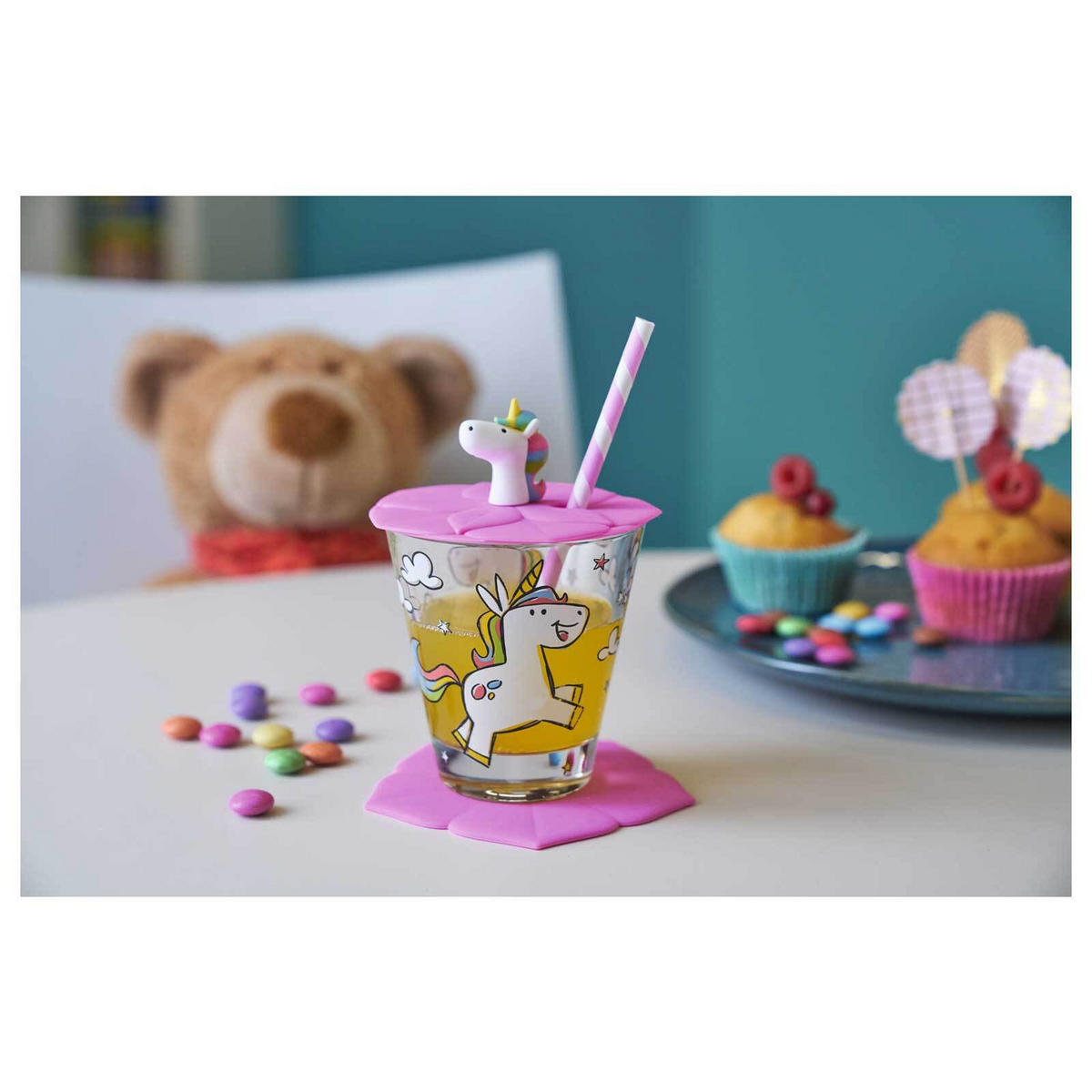 KINDERBECHER MIT DECKEL Bambini Einhorn & Flamingo 215 ml 2er Set - Pink/Weiß, Kunststoff (0.215L) - Leonardo Living