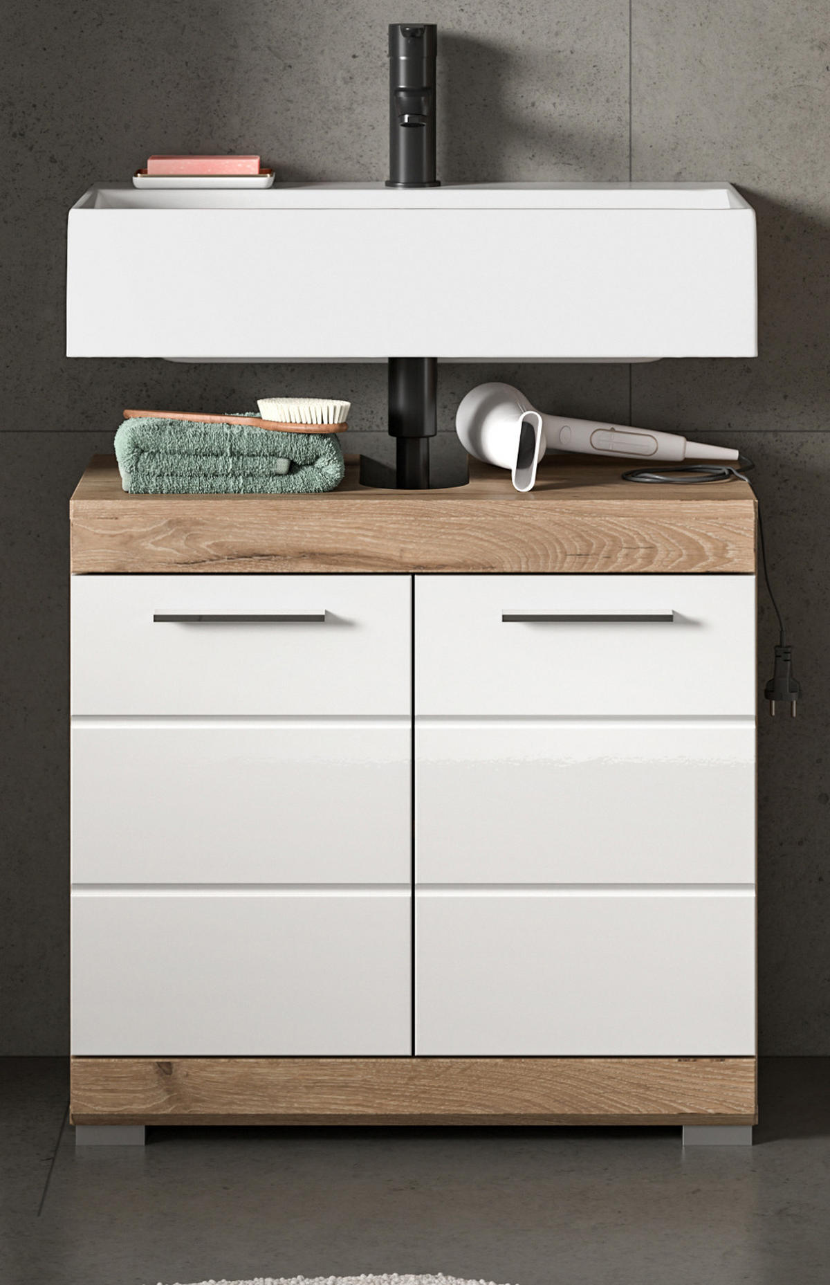 WASCHBECKENUNTERSCHRANK weiß Hochglanz, Eiche 60 cm, 2-türig - Chromfarben/Weiß Hochglanz, Holzwerkstoff/Kunststoff (60/56/31cm) - Inn.Furn