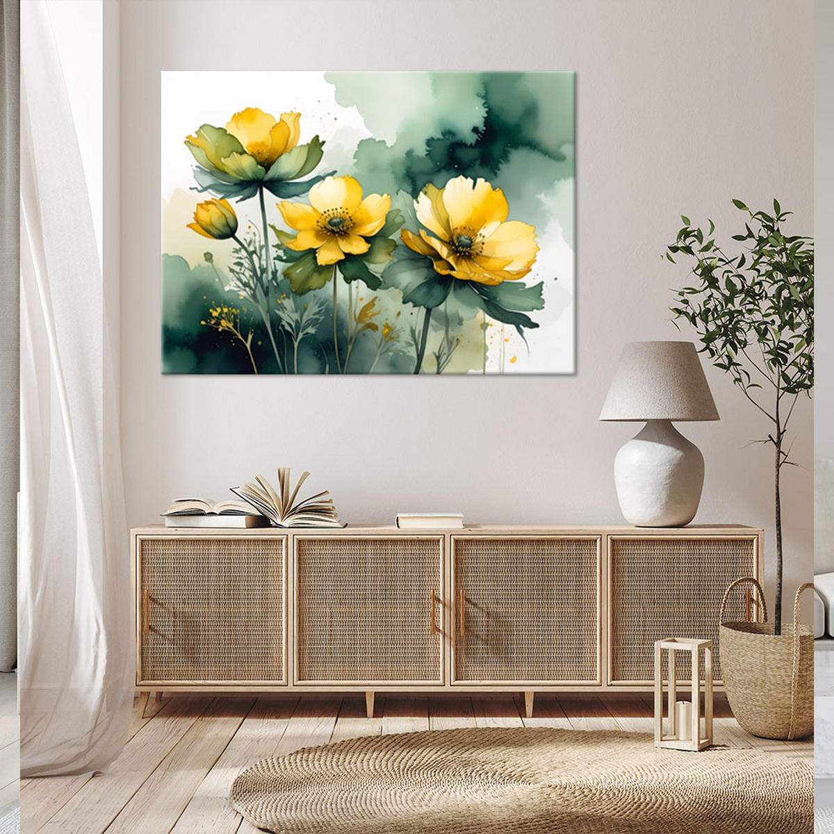 WANDBILD, Gelbe Frühlingsblumen auf einem zartgrünen Hintergrund - Grün, Textil (120/80cm) - Feeby