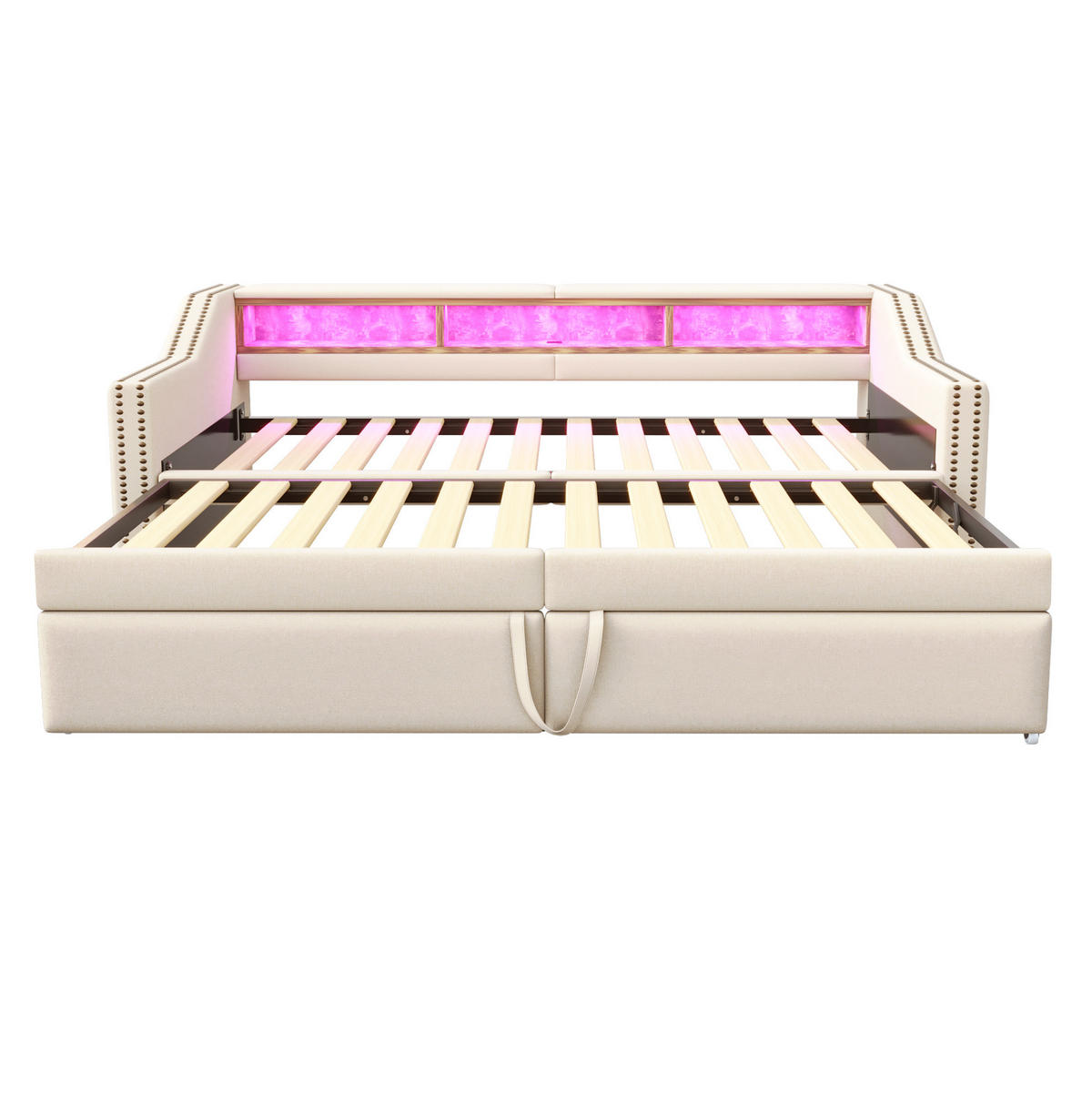 BETT 90/180/200 cm Beige aus Leinen mit Ausziehfunktion, USB und LED - Beige, Textil (90/200cm) - OKMYHOME