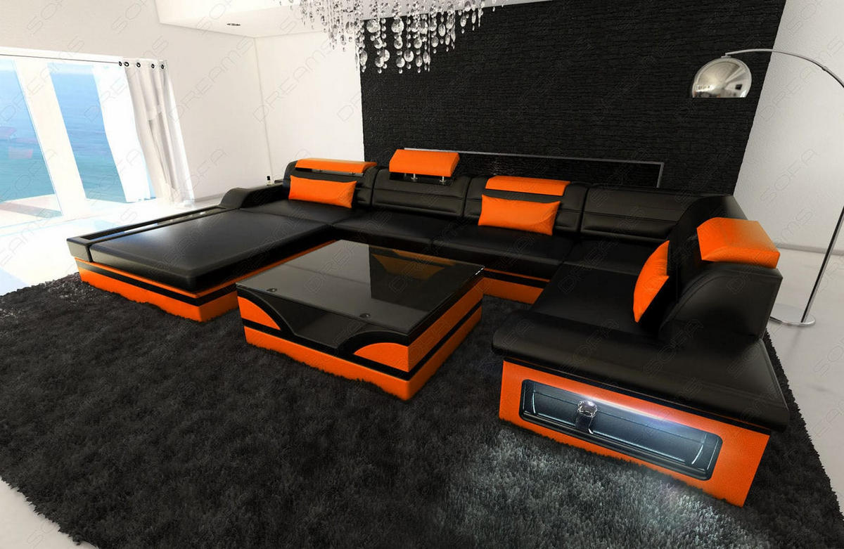 SOFA Mezzo U Schwarz Orange Ledermix - Schwarz, Textil (372/78/214cm)