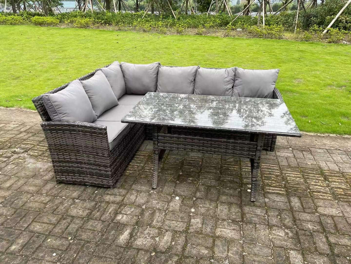 GARTENMÖBEL SET mit Rechteckiger Esstisch Polyrattan Dunkelgrau 6-Sitzer - Dunkelgrau/Grau, Glas/Kunststoff - Fimous